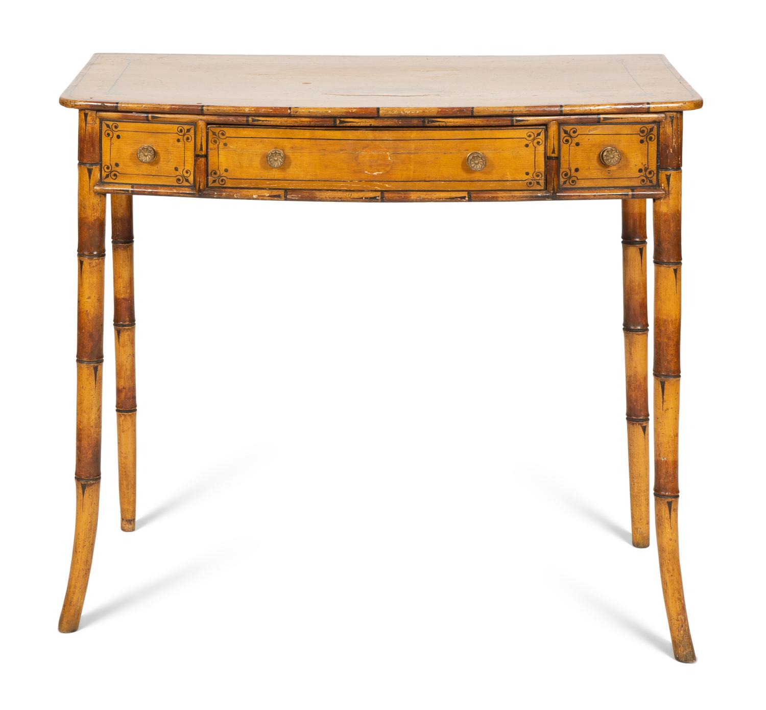 A Classical Stencil-Decorated Faux Bamboo Pine Bow-Front Dressing Table