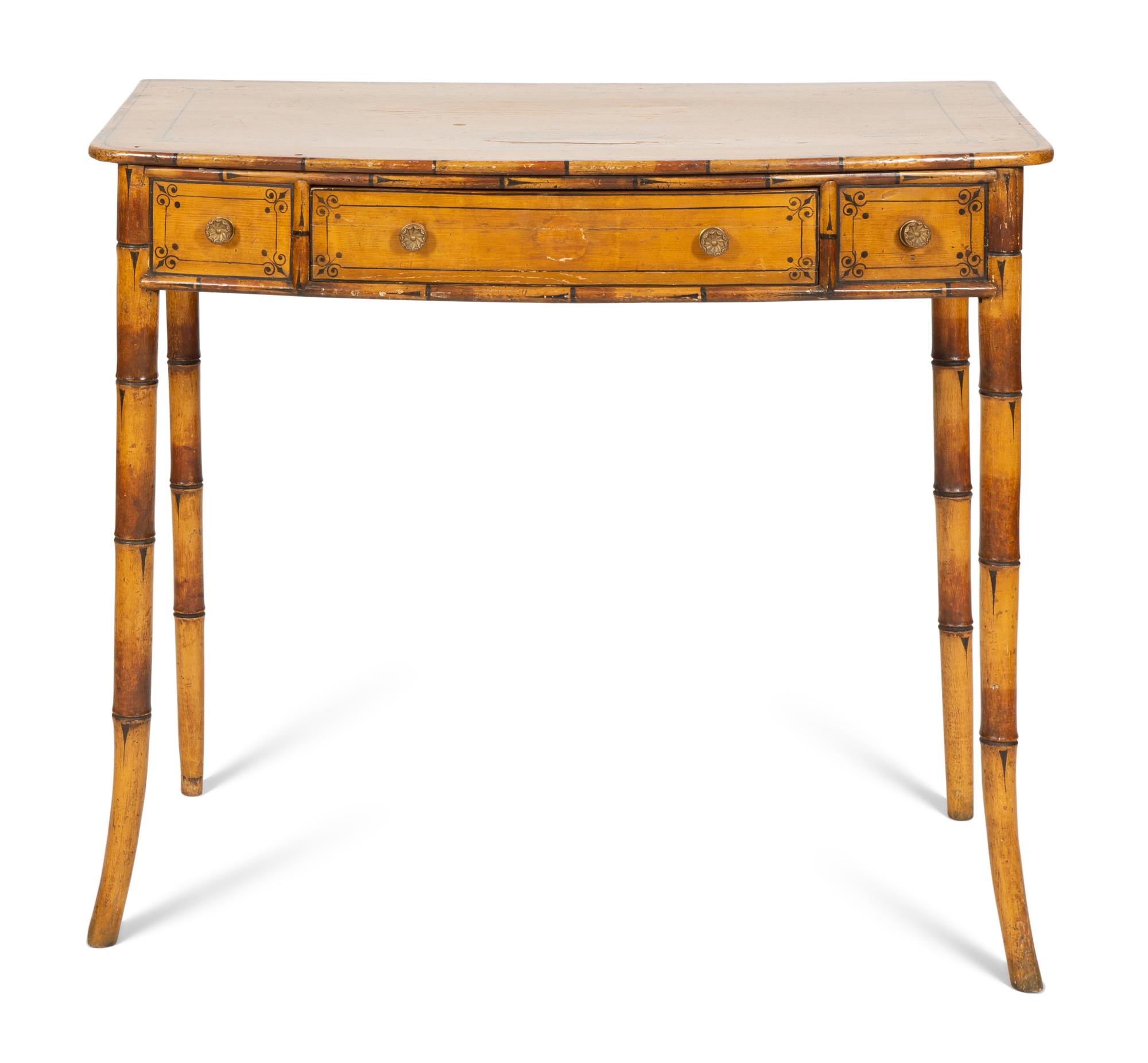 A Classical Stencil-Decorated Faux Bamboo Pine Bow-Front Dressing Table