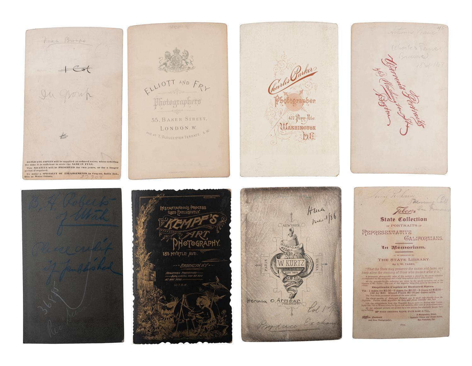 Cabinet cards featuring 19th-century writers, businessmen, and other notable personalities.