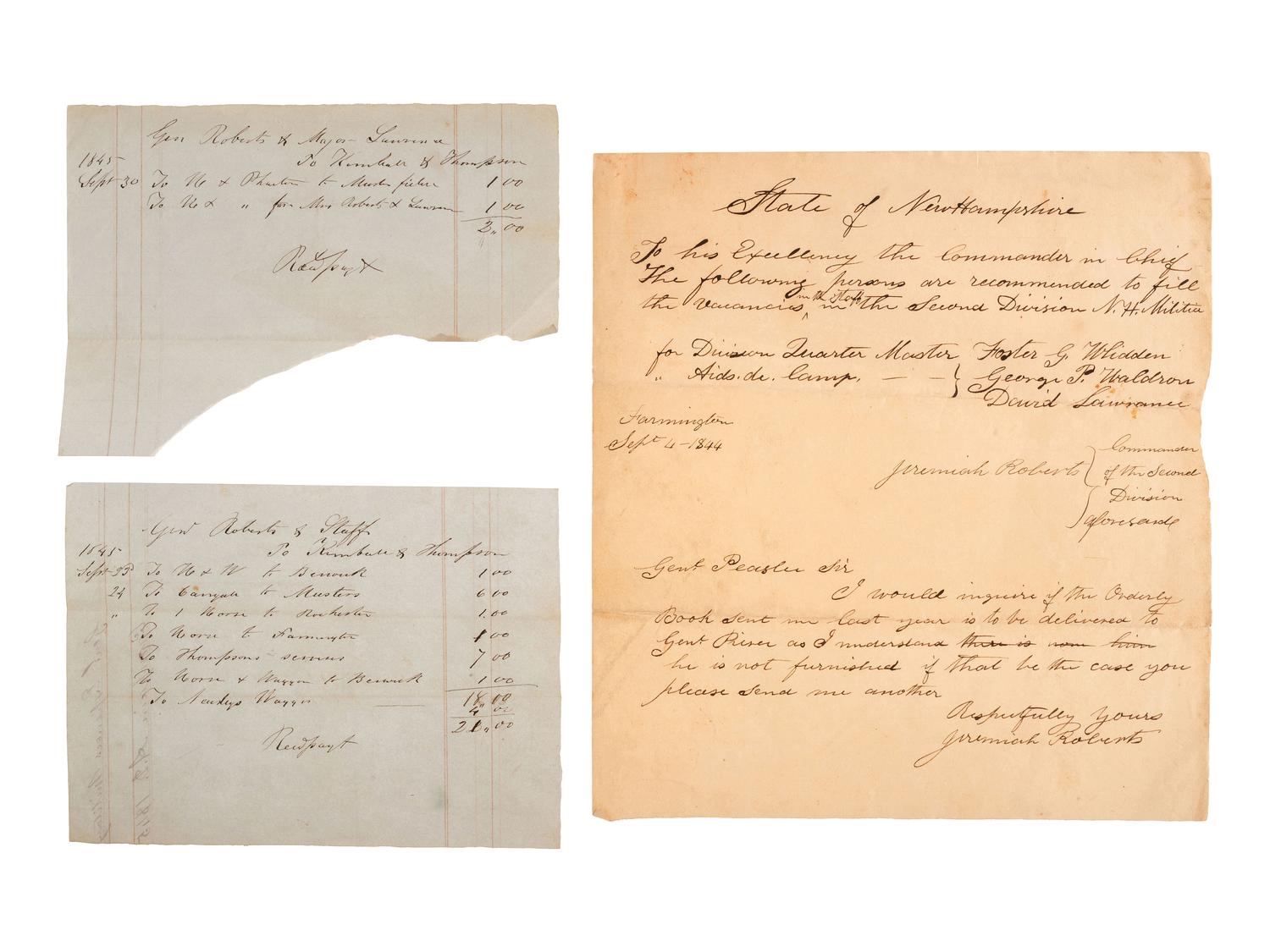 [MILITIA]. A group of documents related to nineteenth-century state militias, including broadsides and a War of 1812 appointment signed by Connecticut Governor John Cotton Smith.