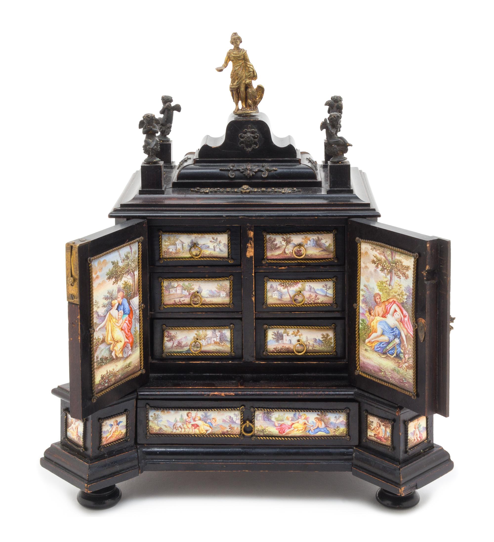 An Austrian Gilt Bronze Mounted Enameled and Ebonized Table Cabinet Height 11 1/4 x width 10 x depth 8 1/2 inches. — LATE 19TH CENTURY