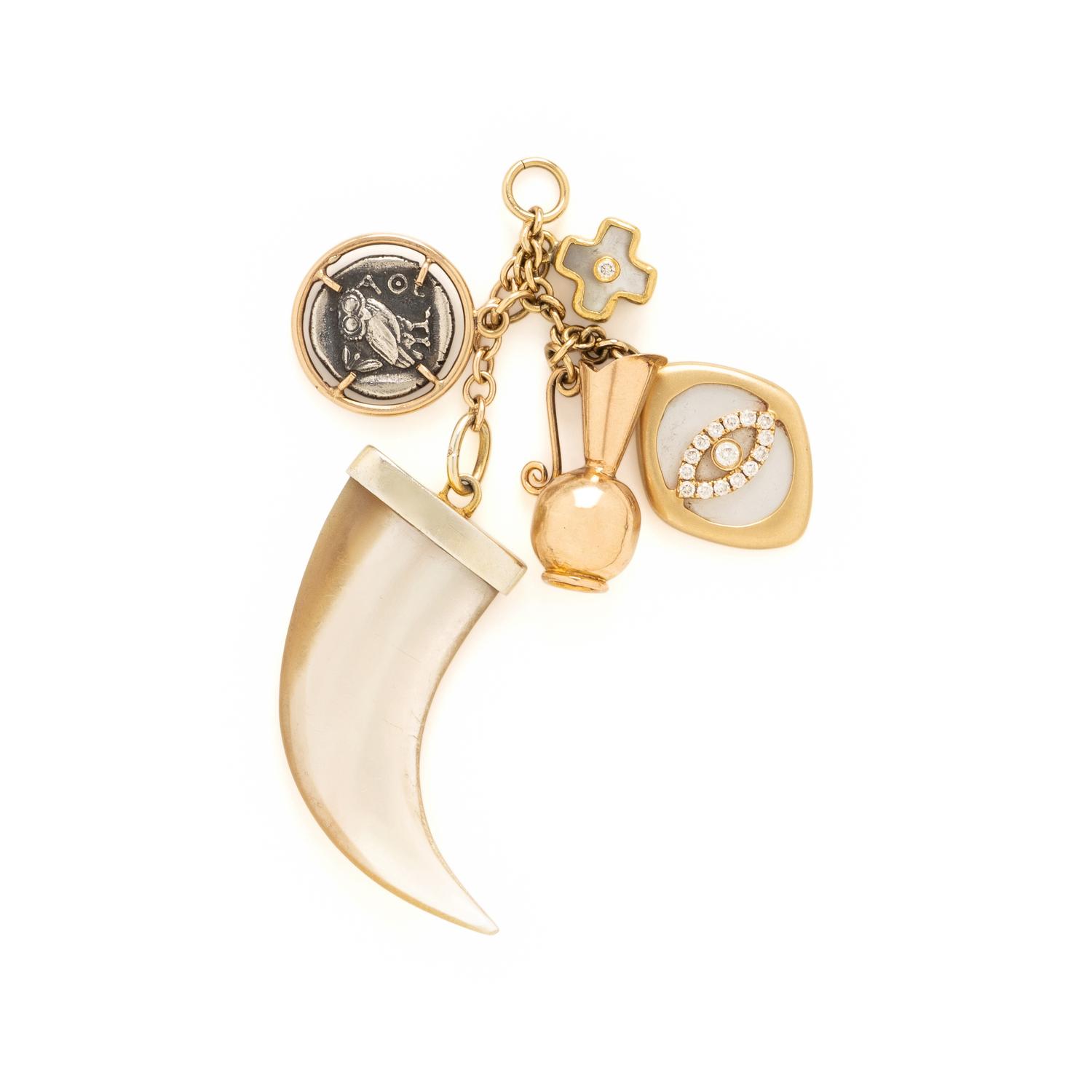 Silver, Yellow Gold, and Multigem Charm Necklace and Chatelaine