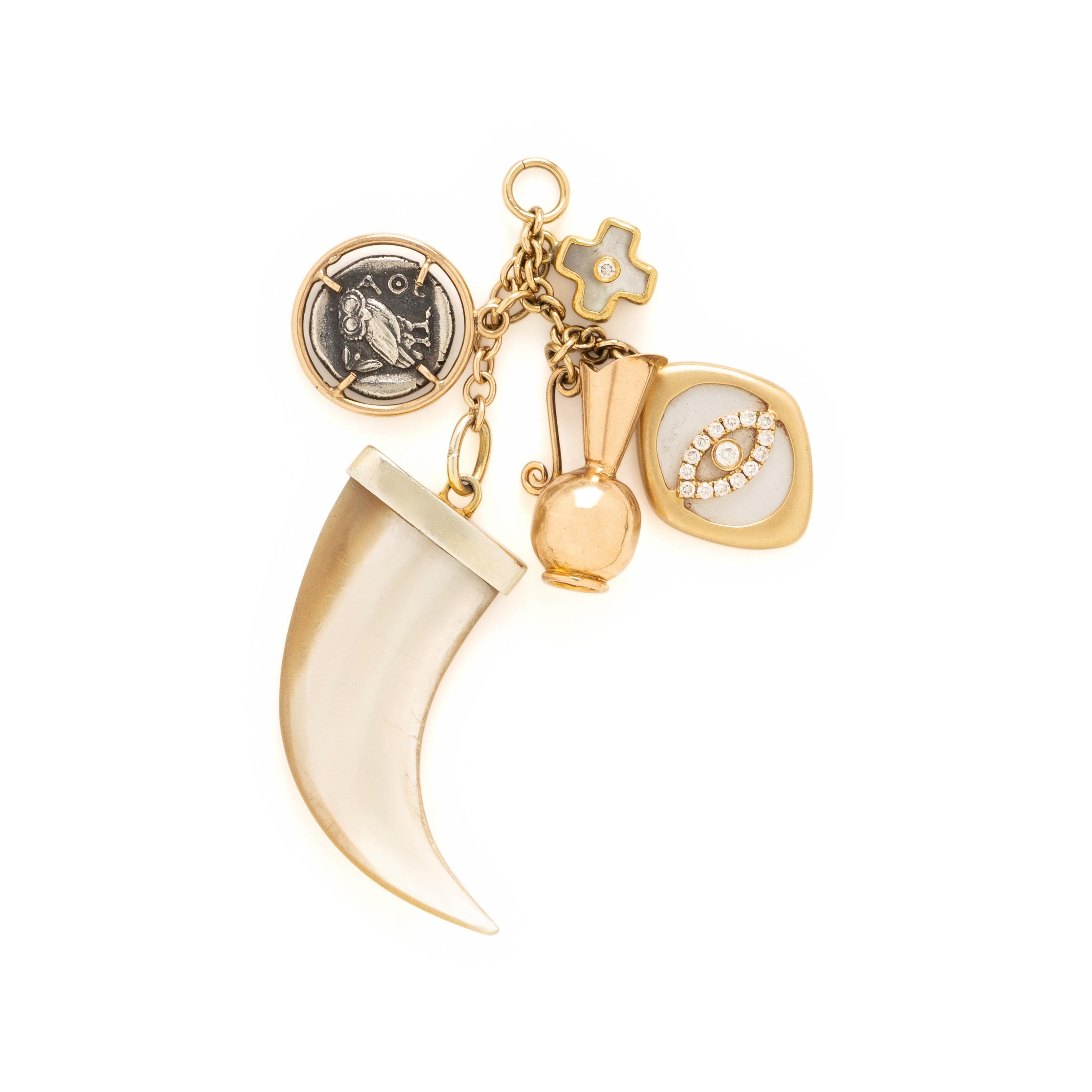Silver, Yellow Gold, and Multigem Charm Necklace and Chatelaine