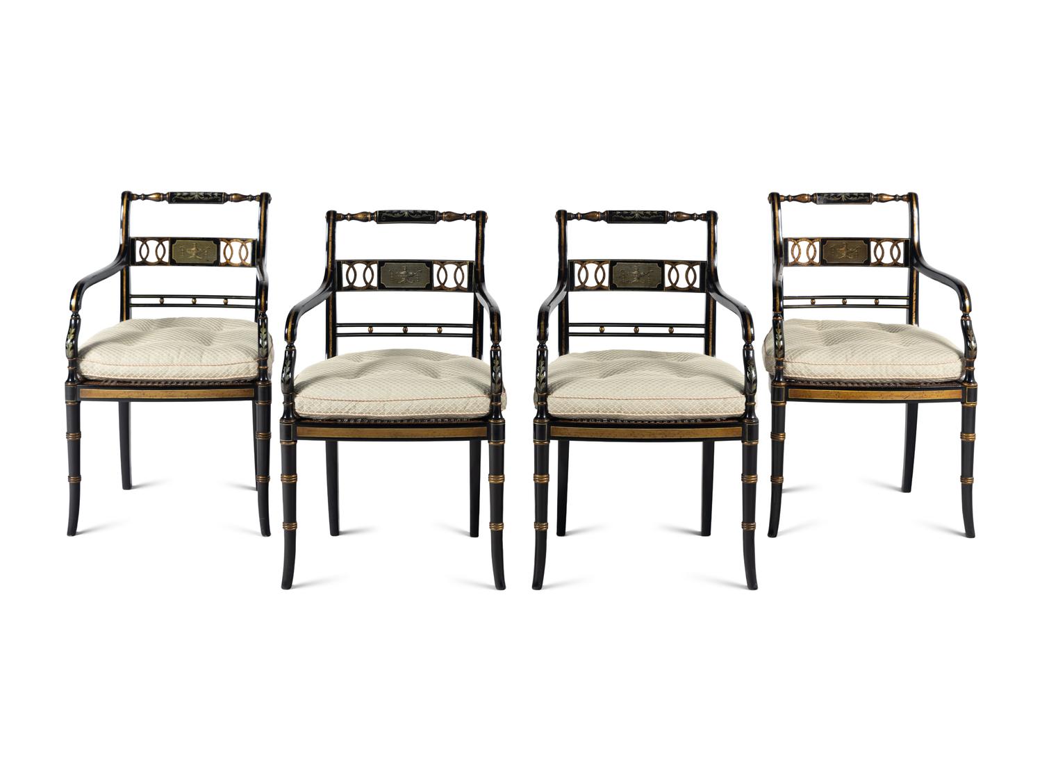 A Set of Four Regency Style Painted and Parcel Gilt Armchairs
