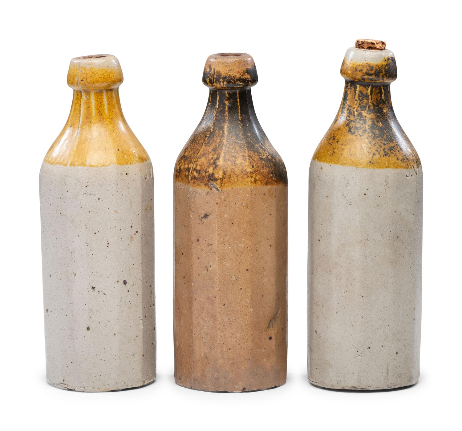 Three J. Viall Stoneware Beer Bottles