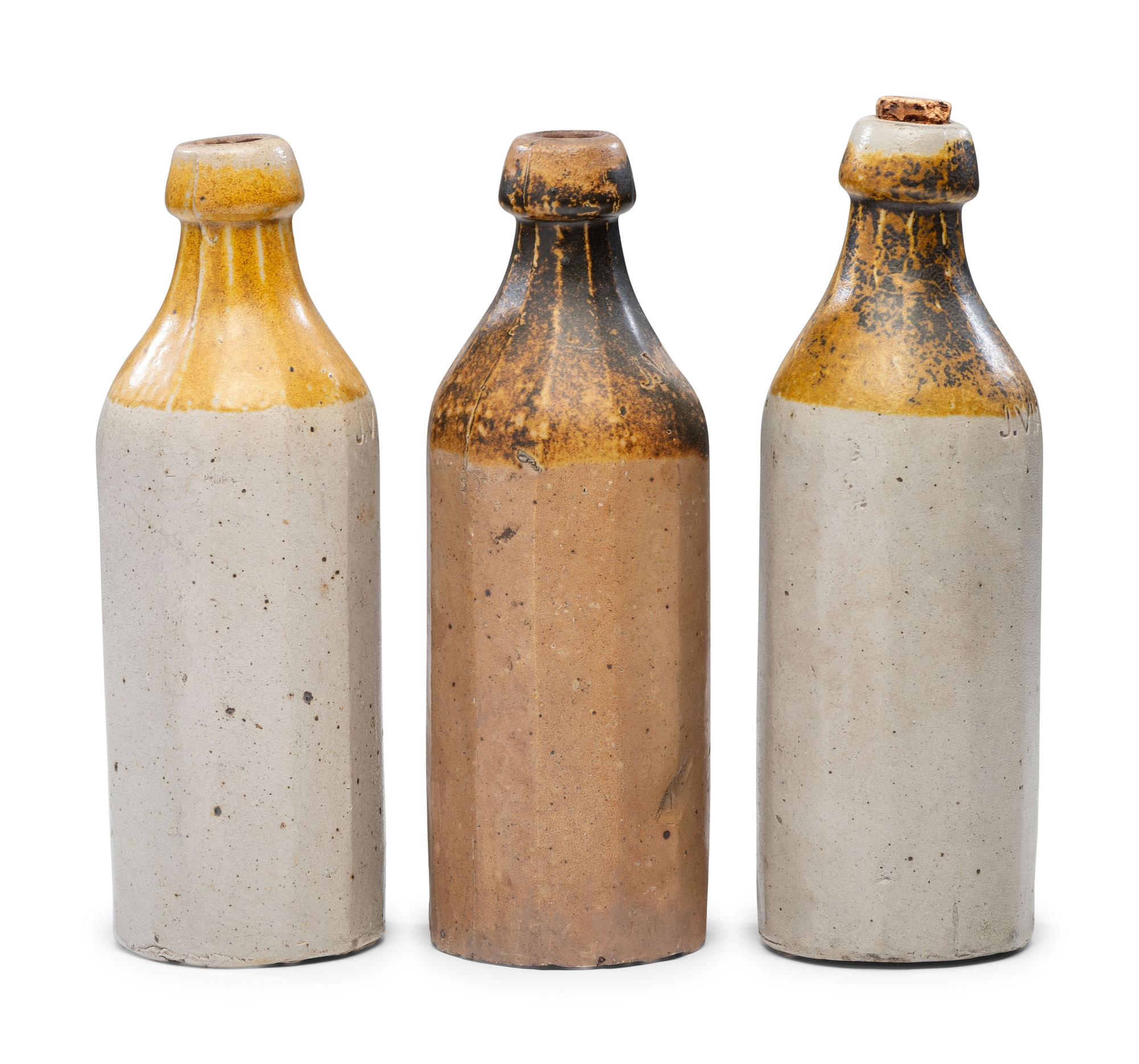 Three J. Viall Stoneware Beer Bottles