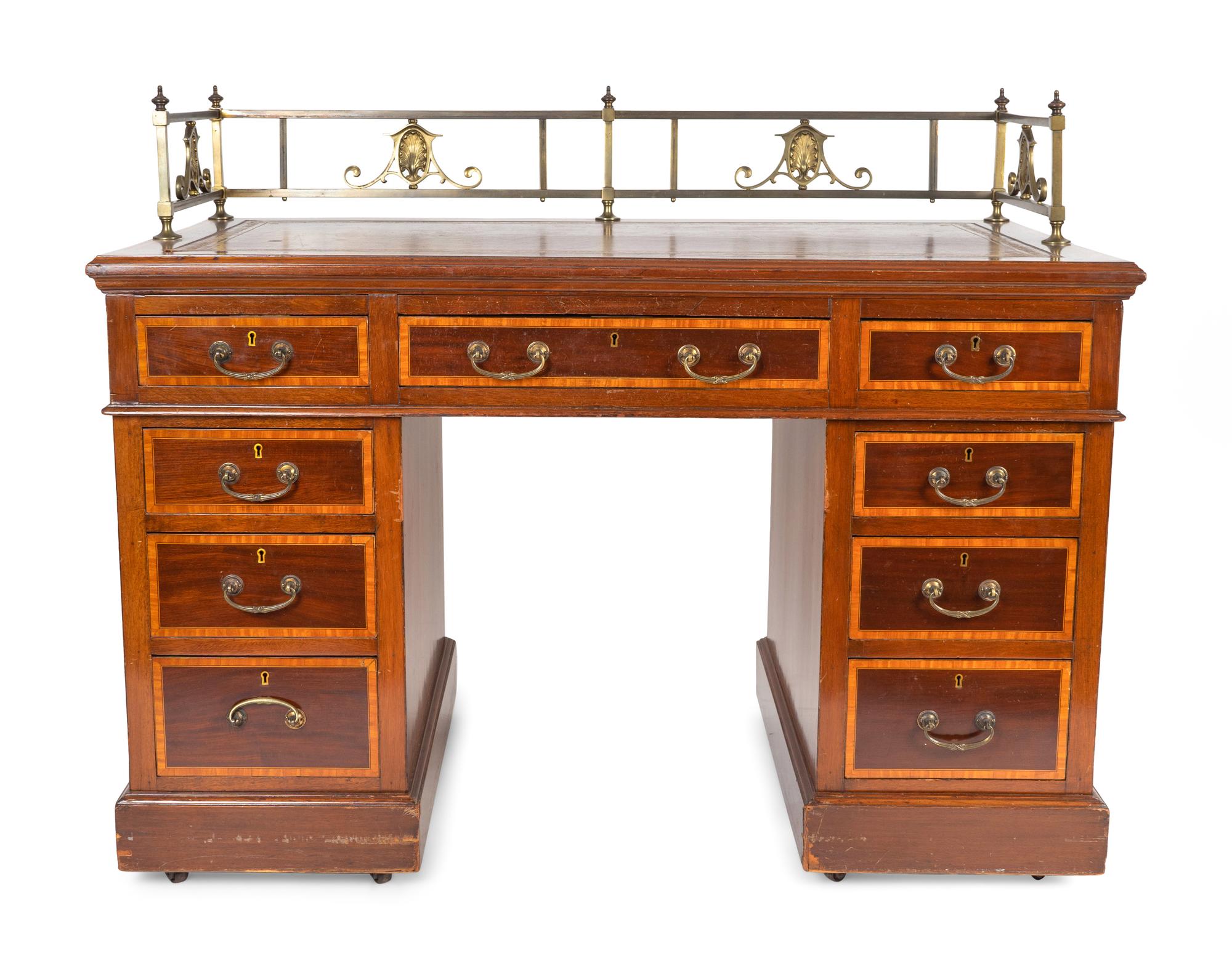 A Victorian Satinwood Crossbanded Mahogany and Brass Mounted Leather Top Pedestal Desk — EARLY 20TH CENTURY