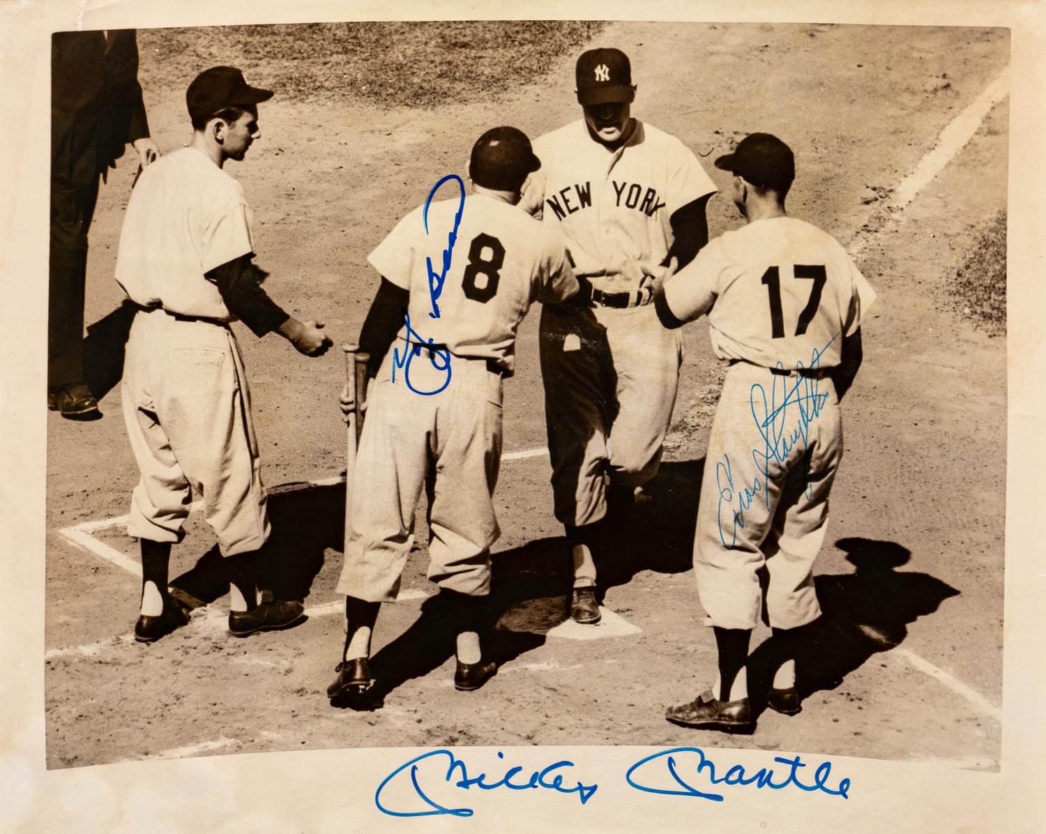 A 1956 World Series Game One Original News Photograph Signed by Mickey Mantle, Yogi Berra and Enos Slaughter (Beckett Authentication Services)