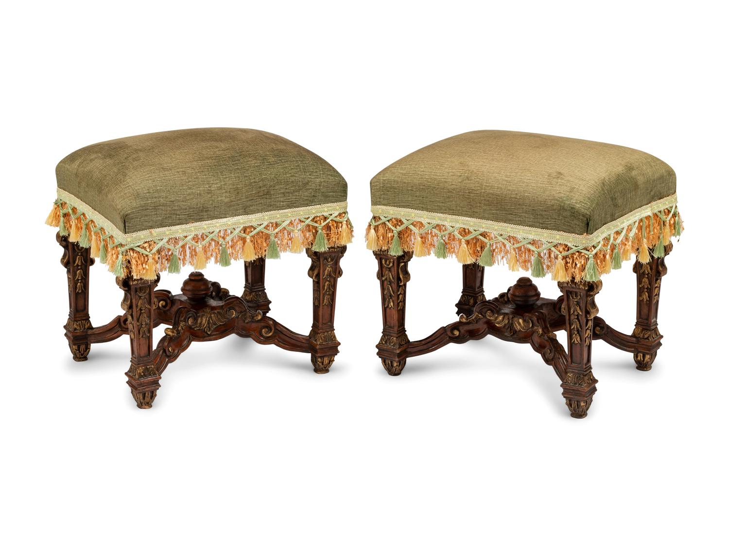 A Pair of Louis XIV Style Carved and Parcel Gilt Tabourets