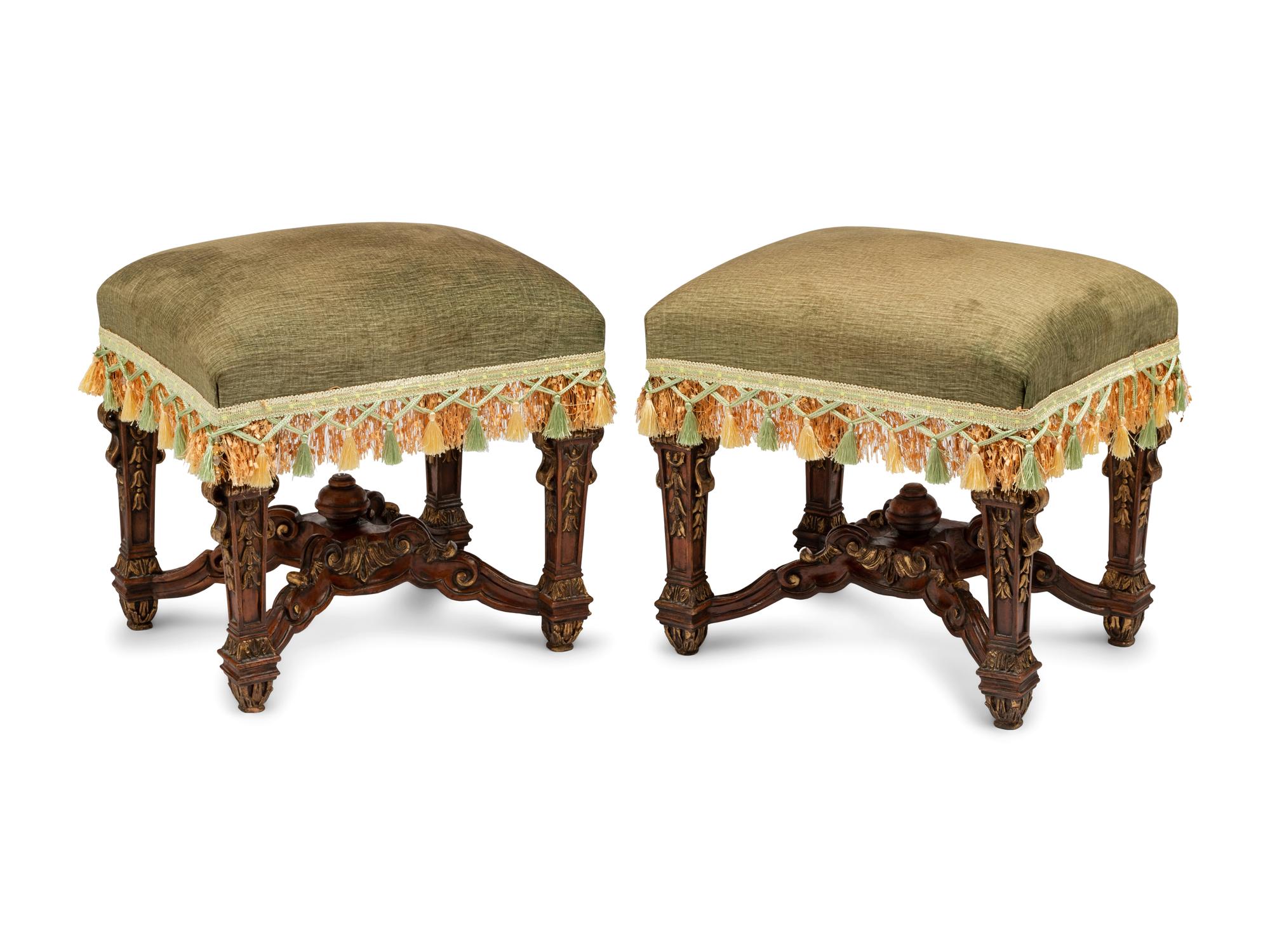 A Pair of Louis XIV Style Carved and Parcel Gilt Tabourets