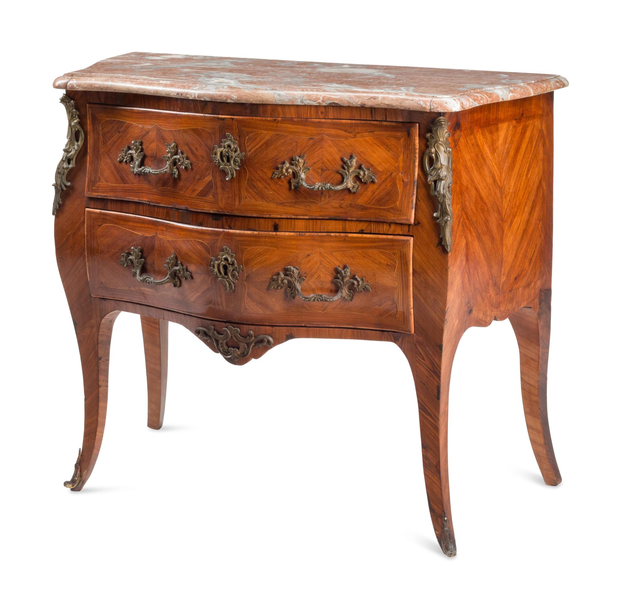 A Louis XV Style Marquetry Marble-Top Commode