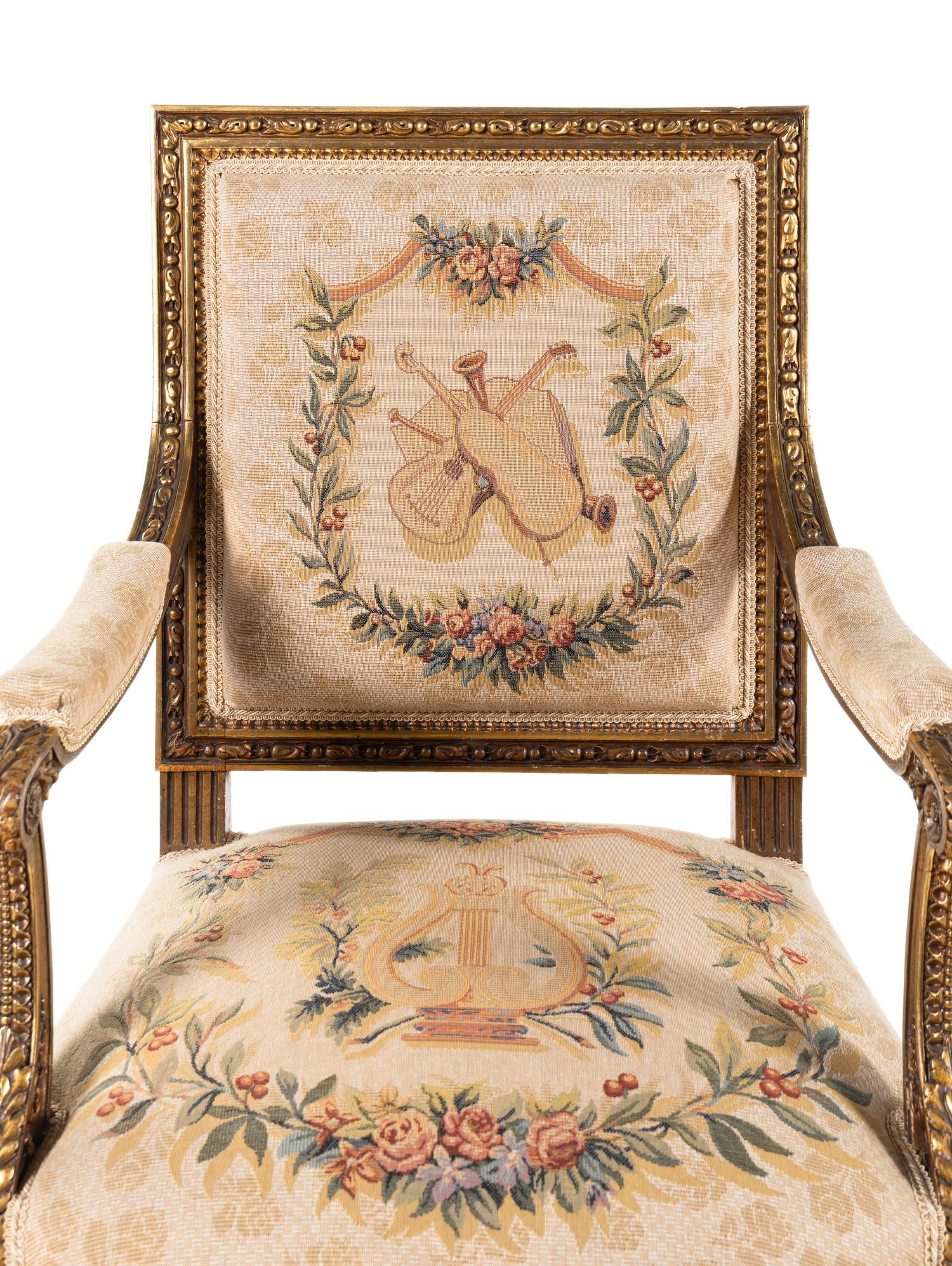 A Pair of Louis XVI Style Tapestry-Upholstered Giltwood Bergères