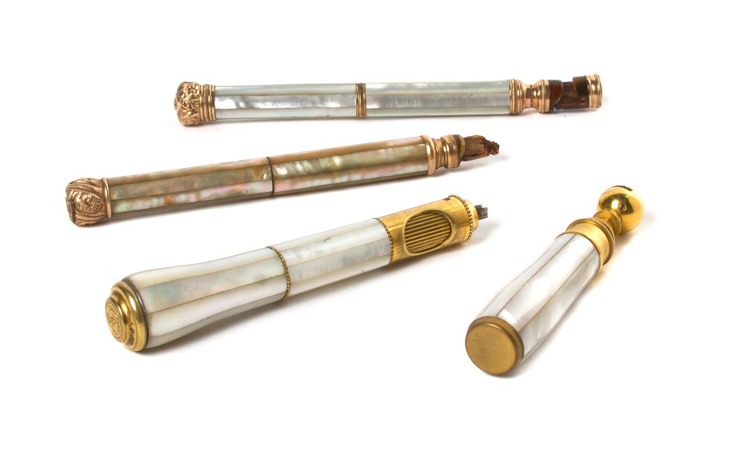 Four French Mother-of-Pearl Veneered Opera Glass Handles, Length of longest 6 1/8 inches.