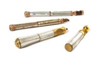 Four French Mother-of-Pearl Veneered Opera Glass Handles, Length of longest 6 1/8 inches.