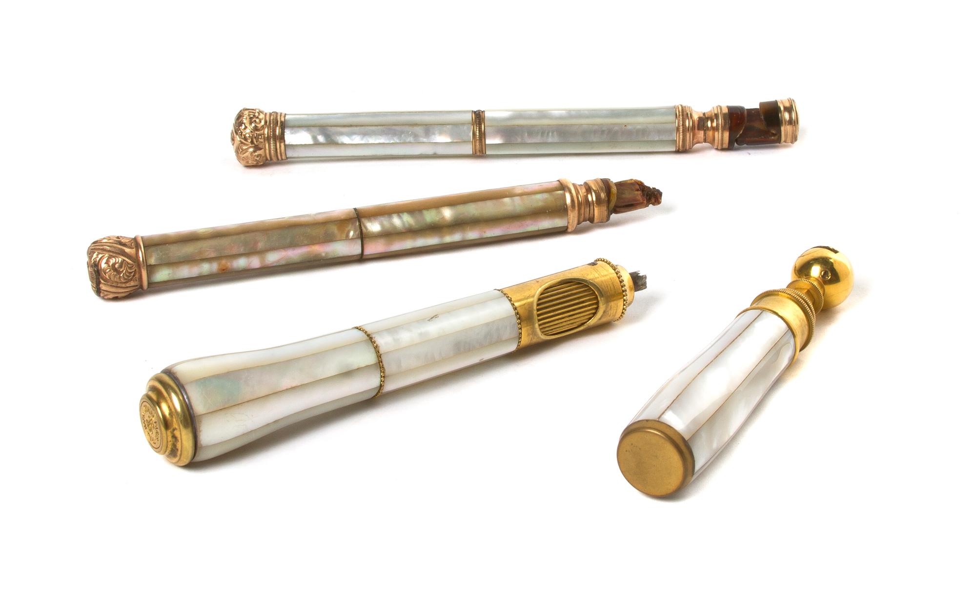 Four French Mother-of-Pearl Veneered Opera Glass Handles, Length of longest 6 1/8 inches.