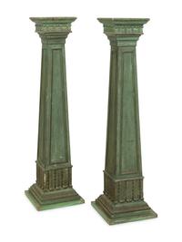 A Pair of Green-Painted Carved Wood Pedestals