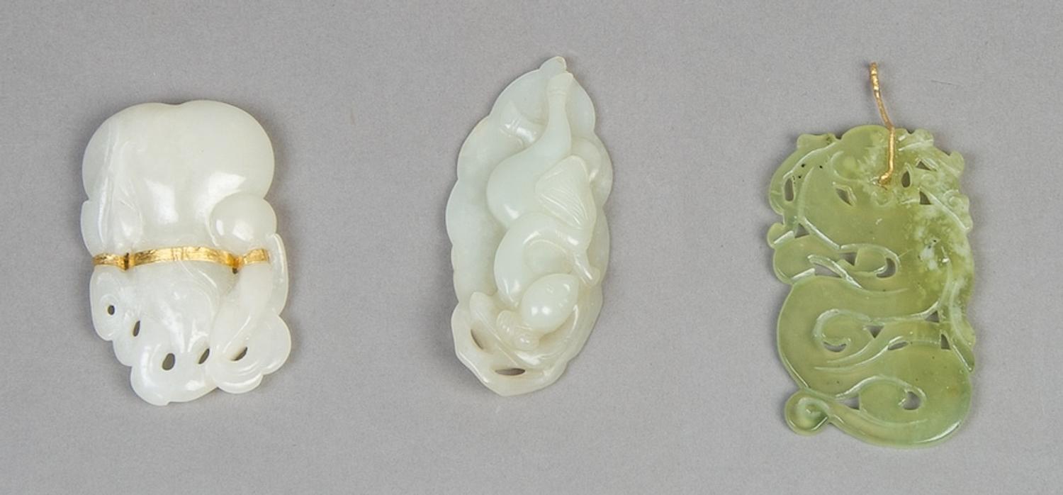 A Collection of Three Chinese Jade or Hardstone Articles, Length of first 3 inches.
