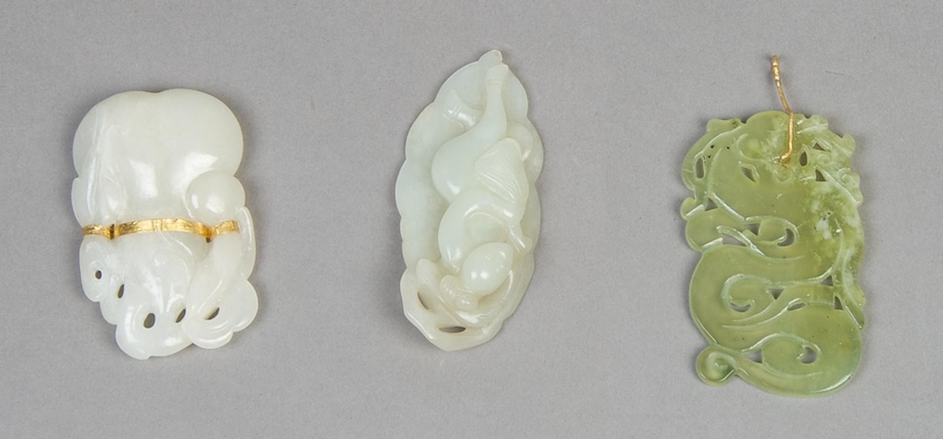 A Collection of Three Chinese Jade or Hardstone Articles, Length of first 3 inches.