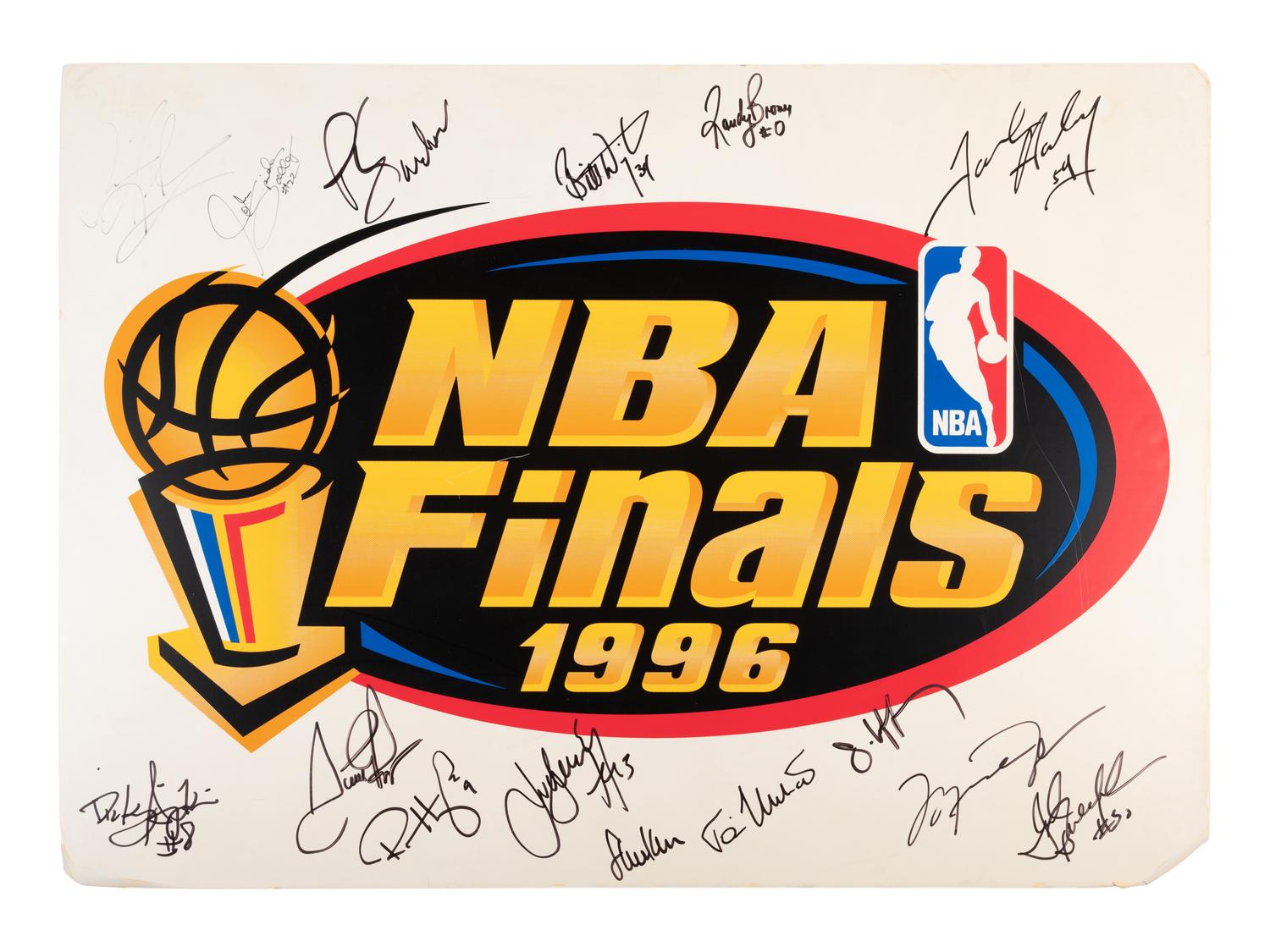 An Exceptionally Rare 1996 NBA Finals Chicago Bulls Team Signed Autograph Locker Room Sign Including Michael Jordan (Bulls Letter and Beckett Authentication Letter BAS Services Certified)