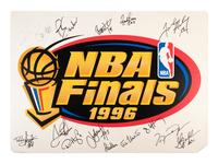 An Exceptionally Rare 1996 NBA Finals Chicago Bulls Team Signed Autograph Locker Room Sign Including Michael Jordan (Bulls Letter and Beckett Authentication Letter BAS Services Certified)