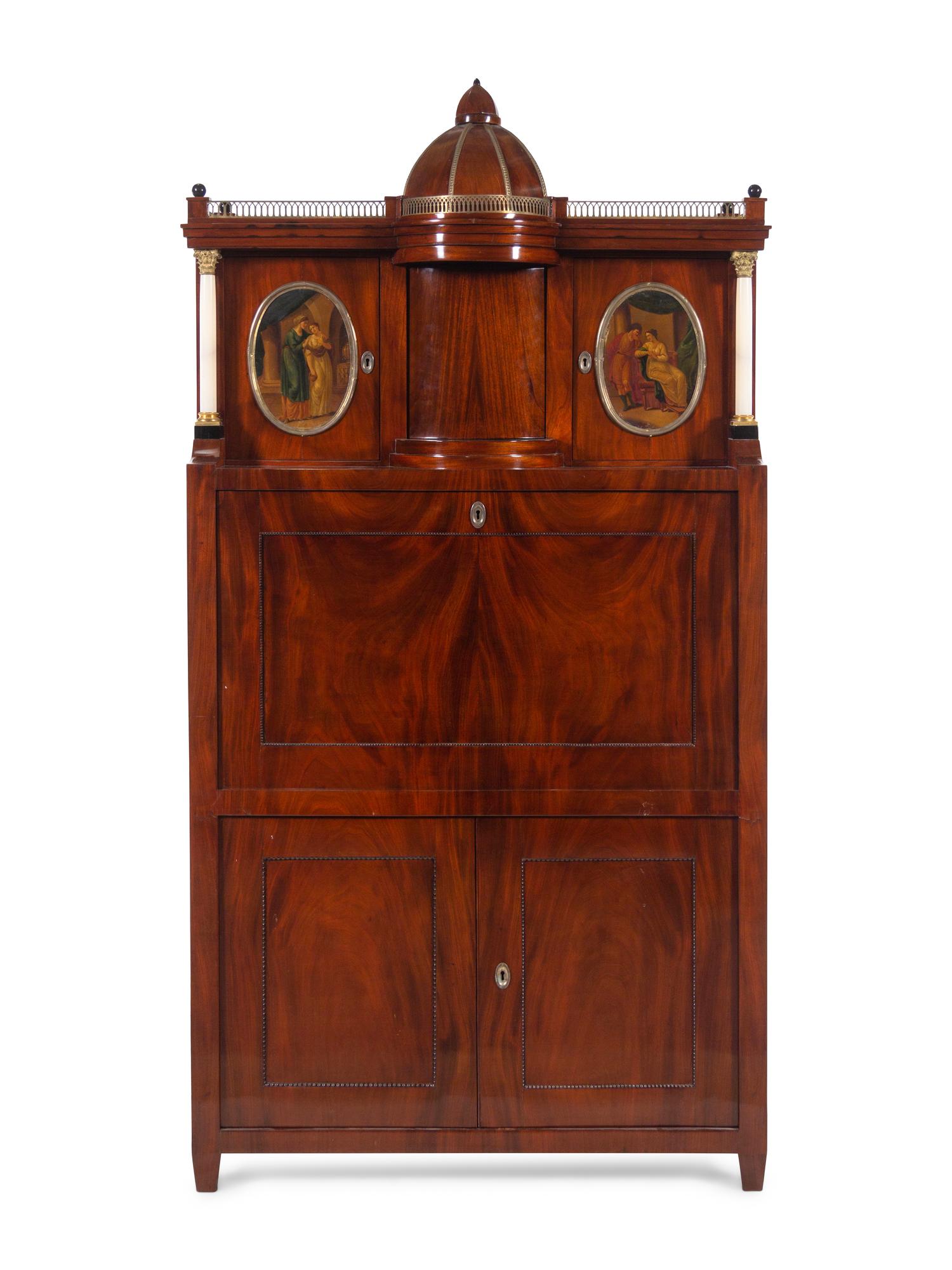 A German Neoclassical Gilt Bronze and Alabaster Mounted Mahogany Secretary Bureau