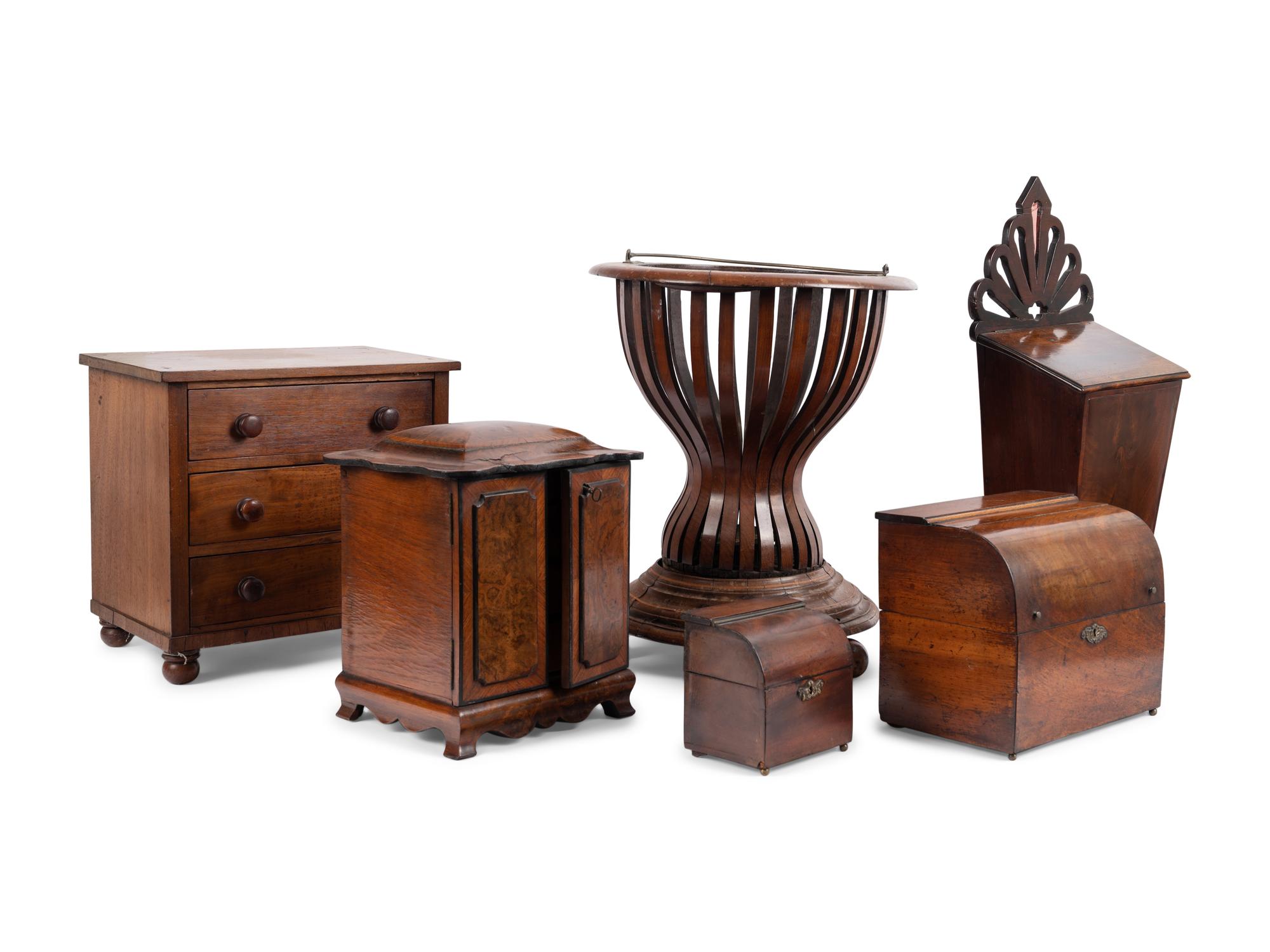 An English Burlwood Jewelry Box, a Diminutive Chest and Other Articles