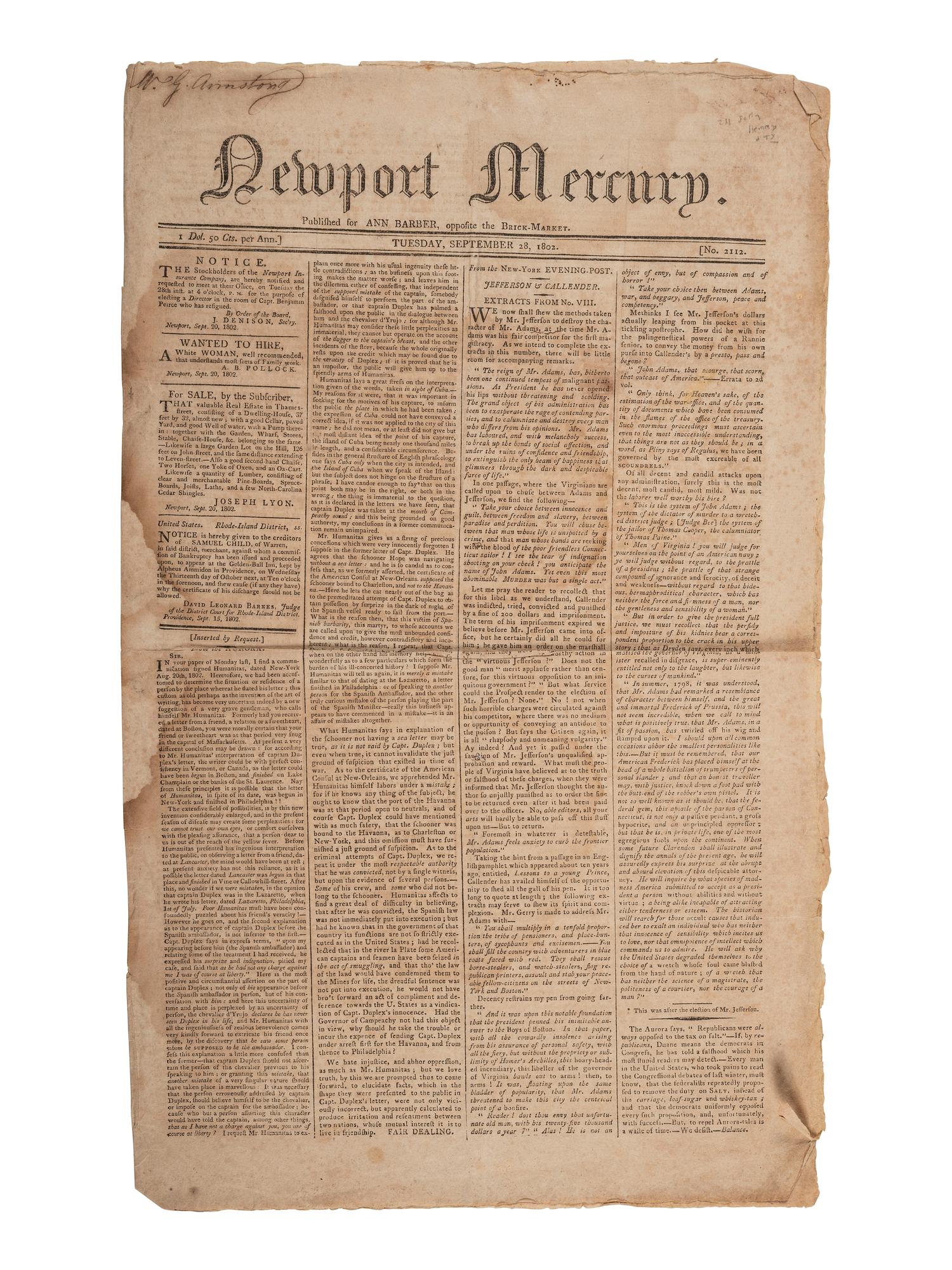 [JEFFERSON, Thomas (1743-1826)]. Newport Mercury . No. 2112. Newport, RI: Ann Barber, 28 September 1802. With early report of Jefferson's relationship with Sally Hemings.