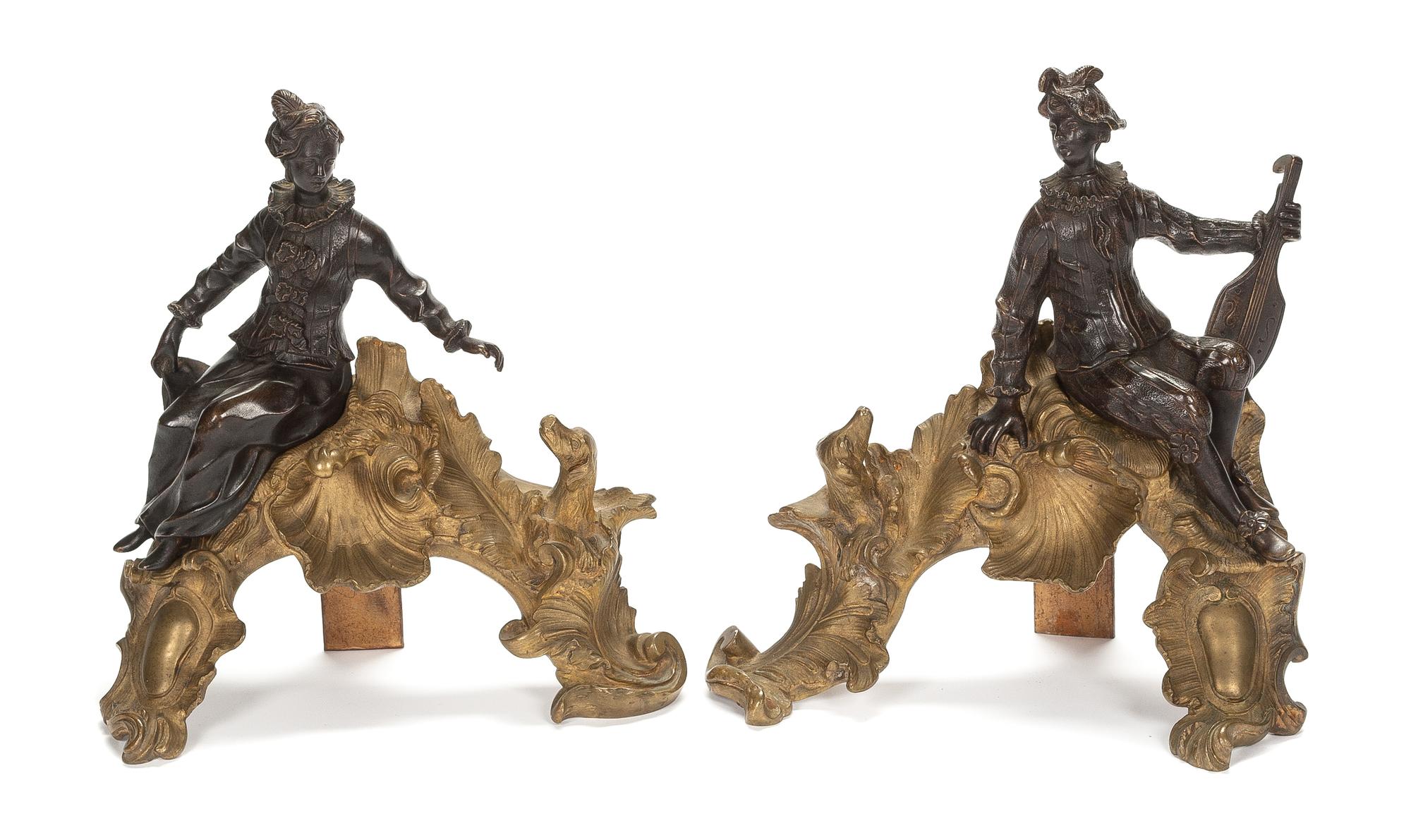 A Pair of Louis XV Style Gilt and Patinated Bronze Figural Chenets Width 11 1/2 inches. — LATE 19TH/EARLY 20TH CENTURY
