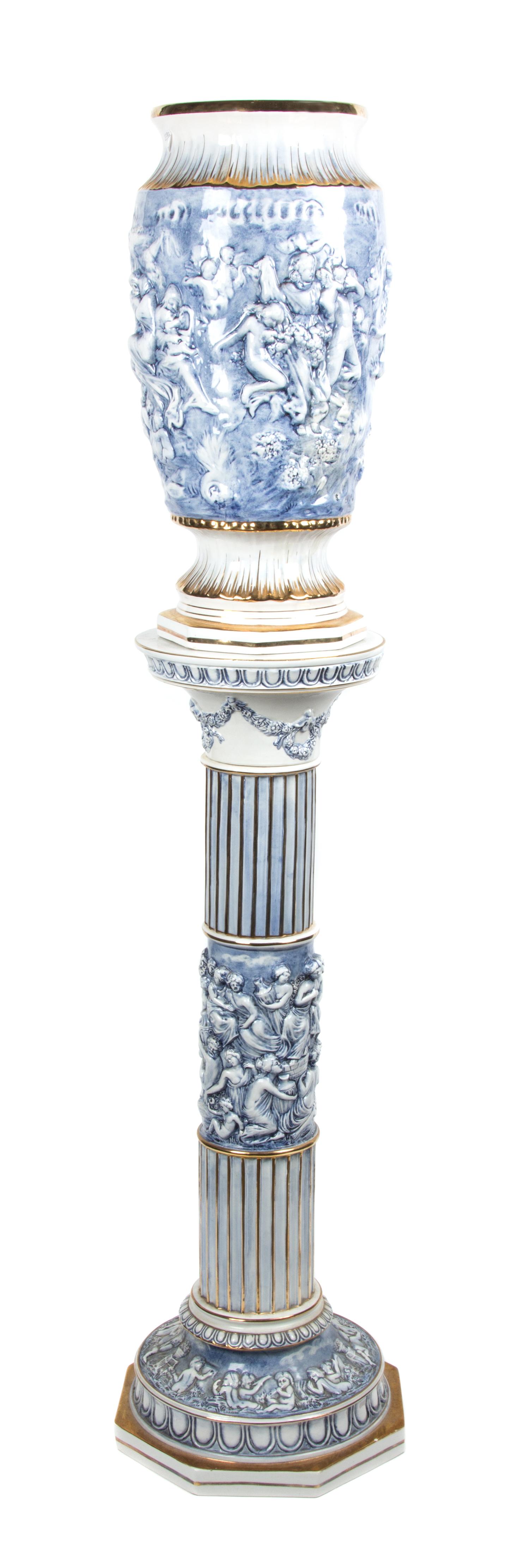 A Continental Porcelain Vase on Pedestal Stand Height 60 1/4 inches. — 20TH CENTURY