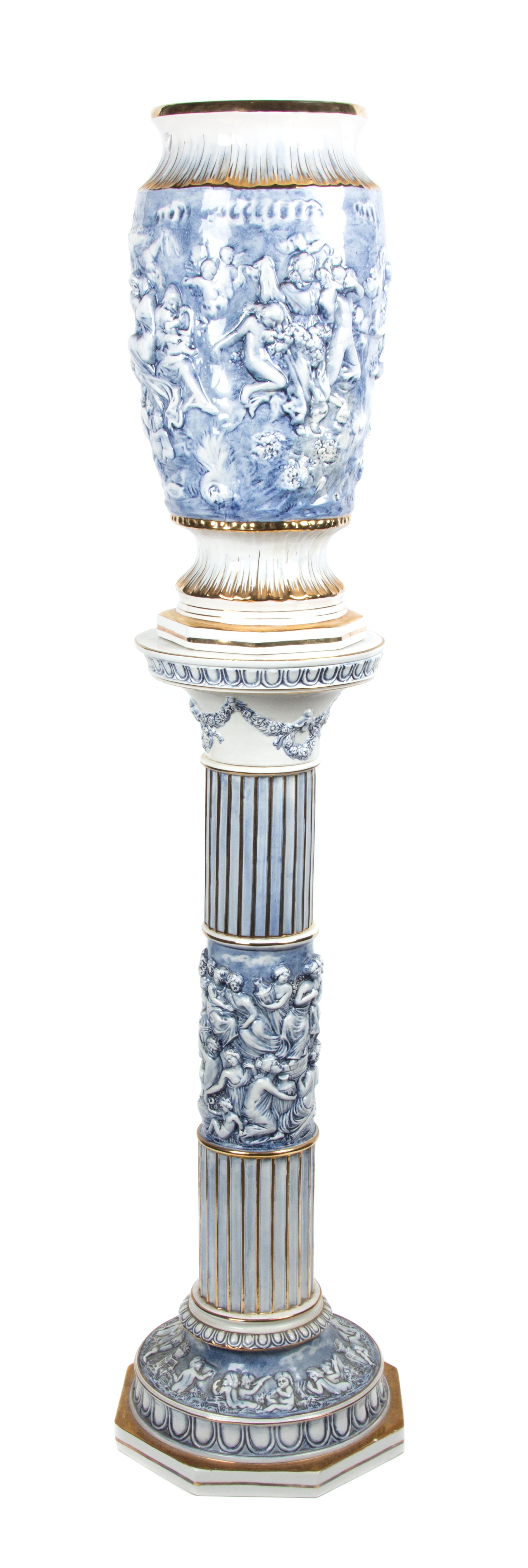 A Continental Porcelain Vase on Pedestal Stand Height 60 1/4 inches. — 20TH CENTURY