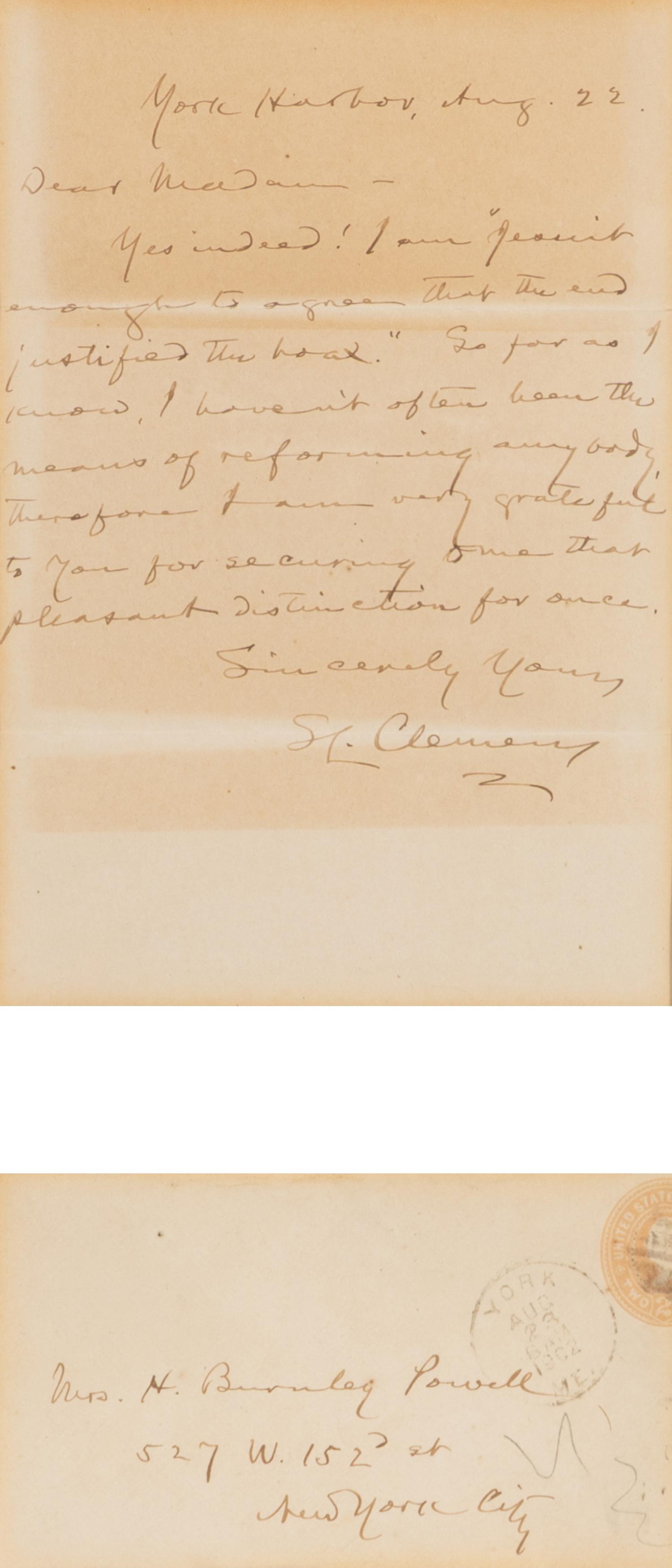 Clemens, Samuel L. ("Mark Twain") (1835-1910). Autograph letter signed ("S.L. Clemens") to Hardinia Burnley Powell, York Harbor, 22 August 1902.