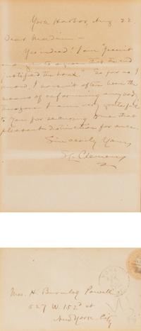Clemens, Samuel L. ("Mark Twain") (1835-1910). Autograph letter signed ("S.L. Clemens") to Hardinia Burnley Powell, York Harbor, 22 August 1902.