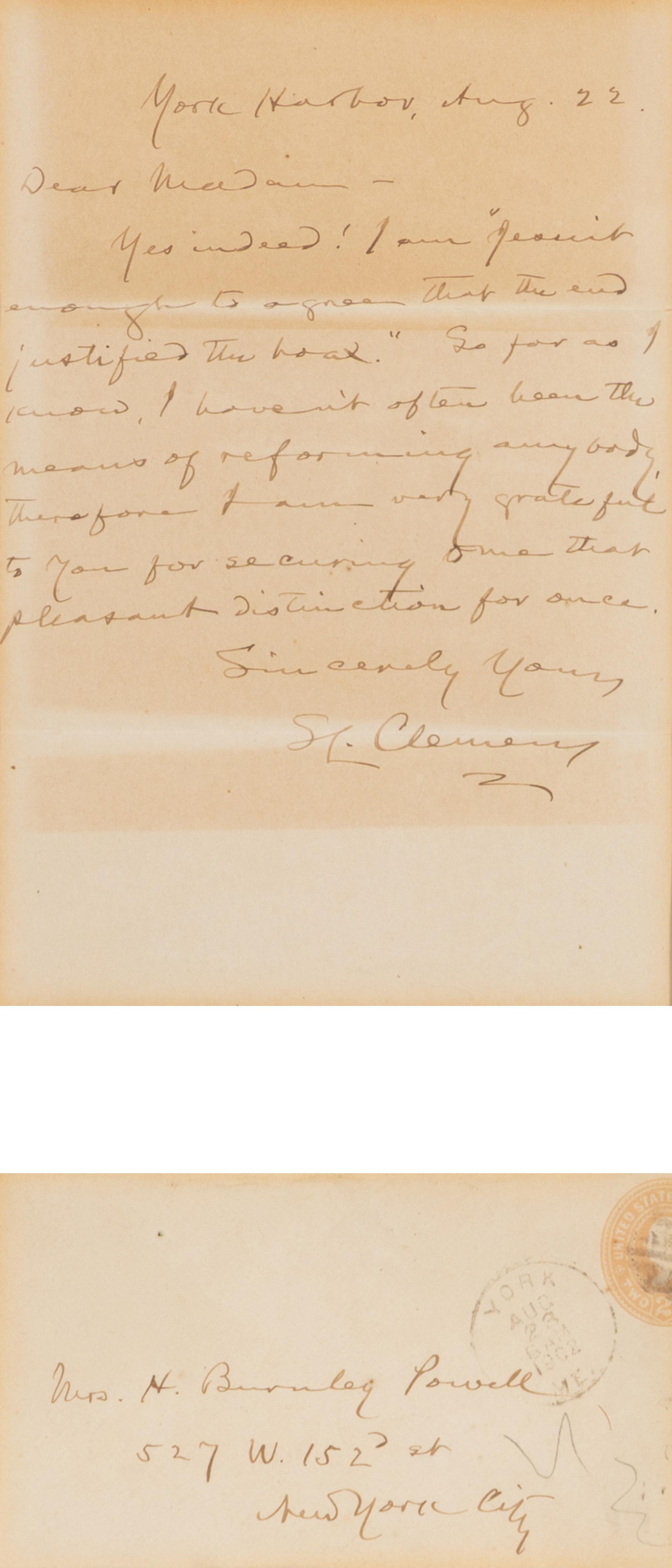 Clemens, Samuel L. ("Mark Twain") (1835-1910). Autograph letter signed ("S.L. Clemens") to Hardinia Burnley Powell, York Harbor, 22 August 1902.