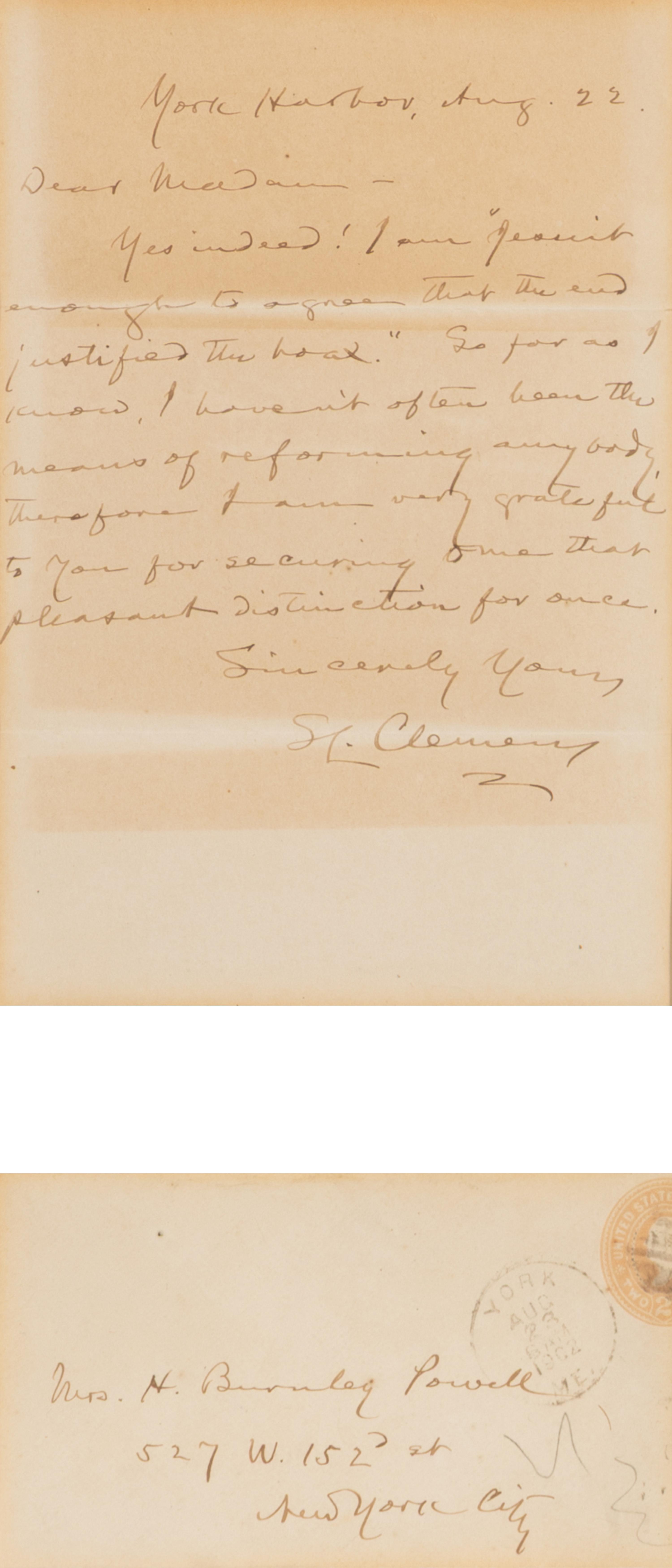 Clemens, Samuel L. ("Mark Twain") (1835-1910). Autograph letter signed ("S.L. Clemens") to Hardinia Burnley Powell, York Harbor, 22 August 1902.