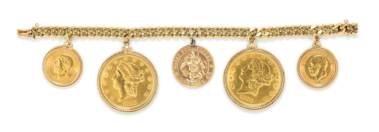 An 18 Karat Yellow Gold Bracelet with 5 Attached Charms, 90.10 dwts.