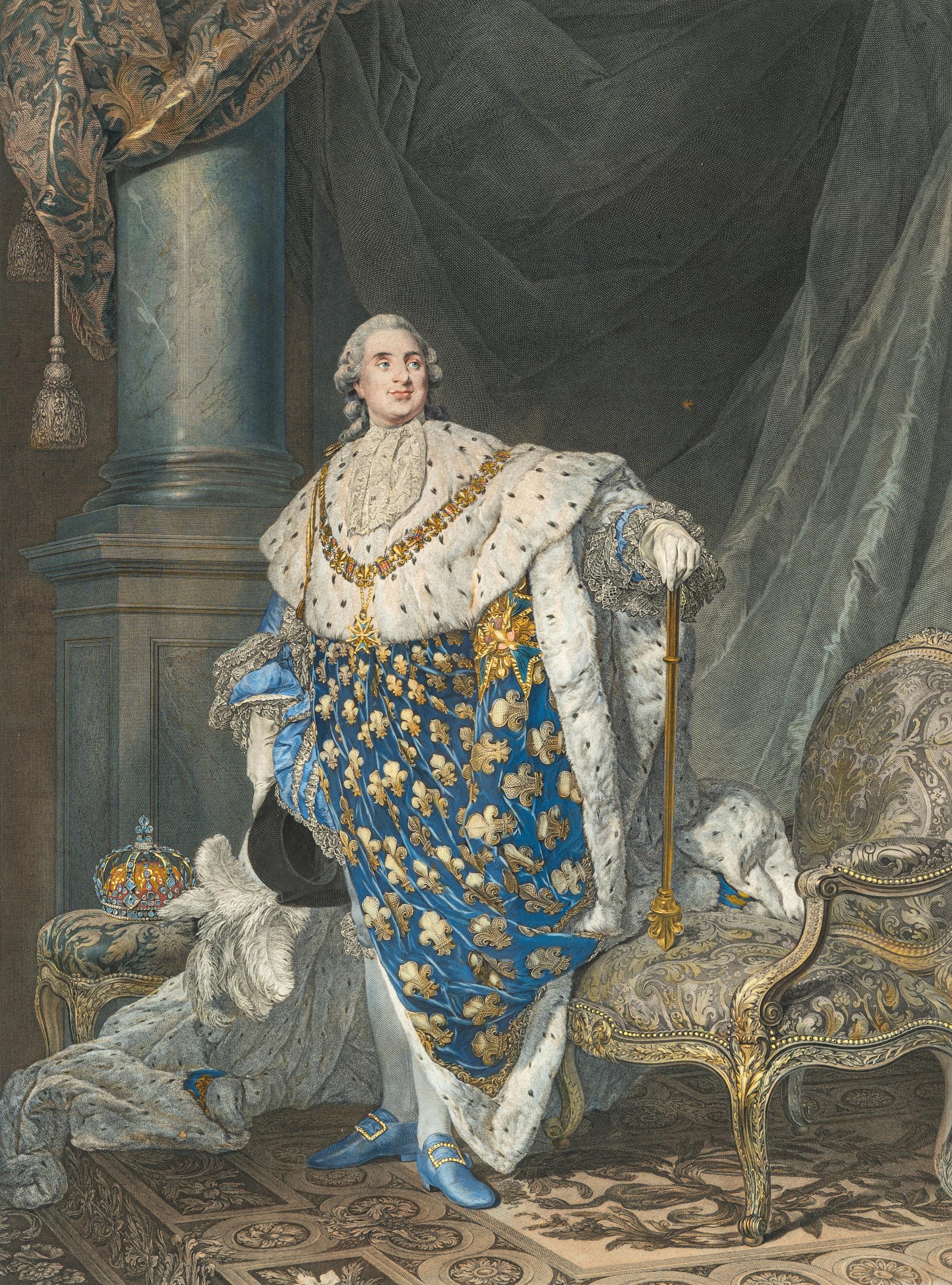 A Pair of French Gilt Bronze Frames with Color Aquatints Depicting Louis XVI and Marie Antoinette