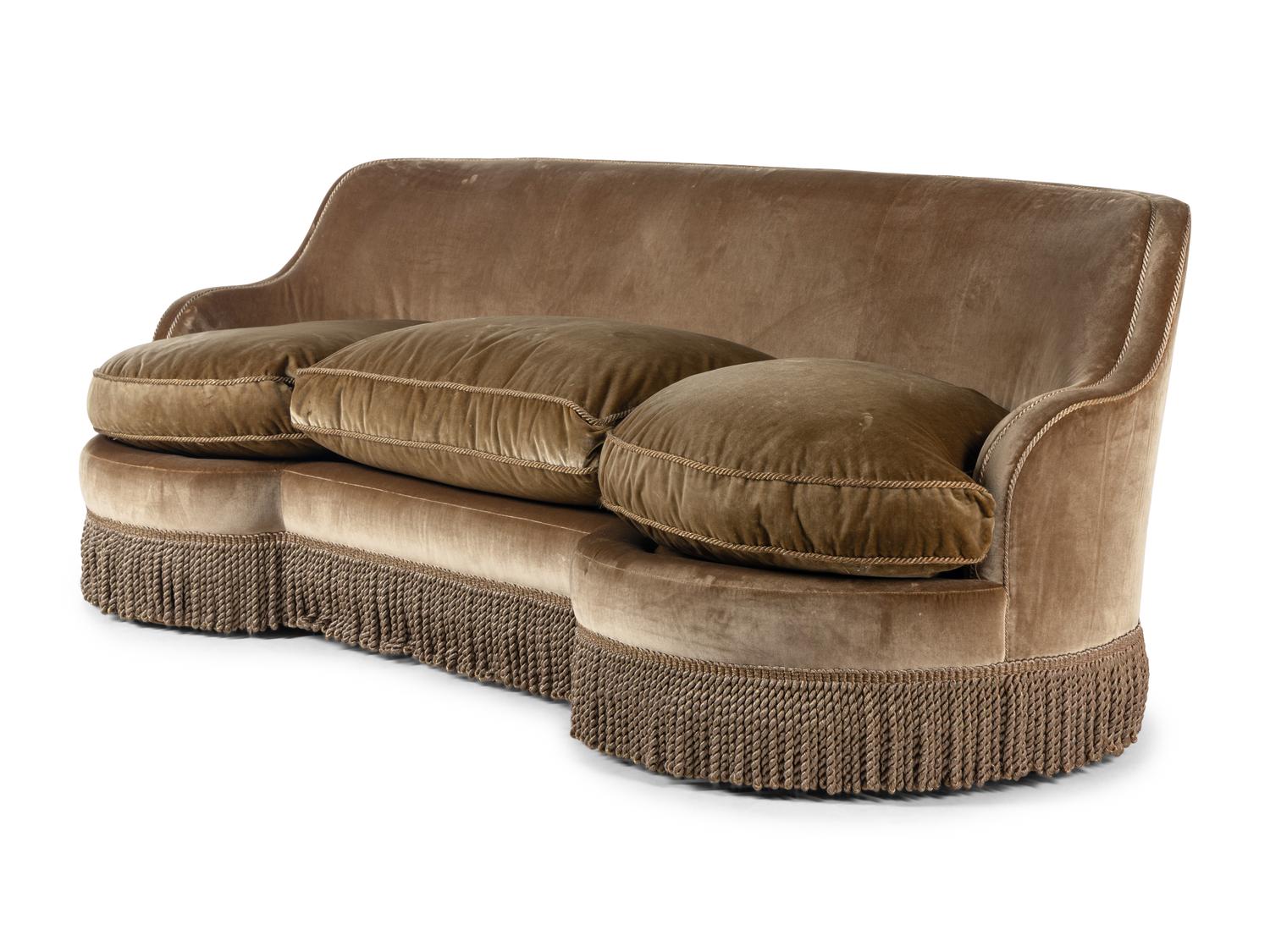 A Custom Velvet-Upholstered Reniform Sofa with Bullion Fringe