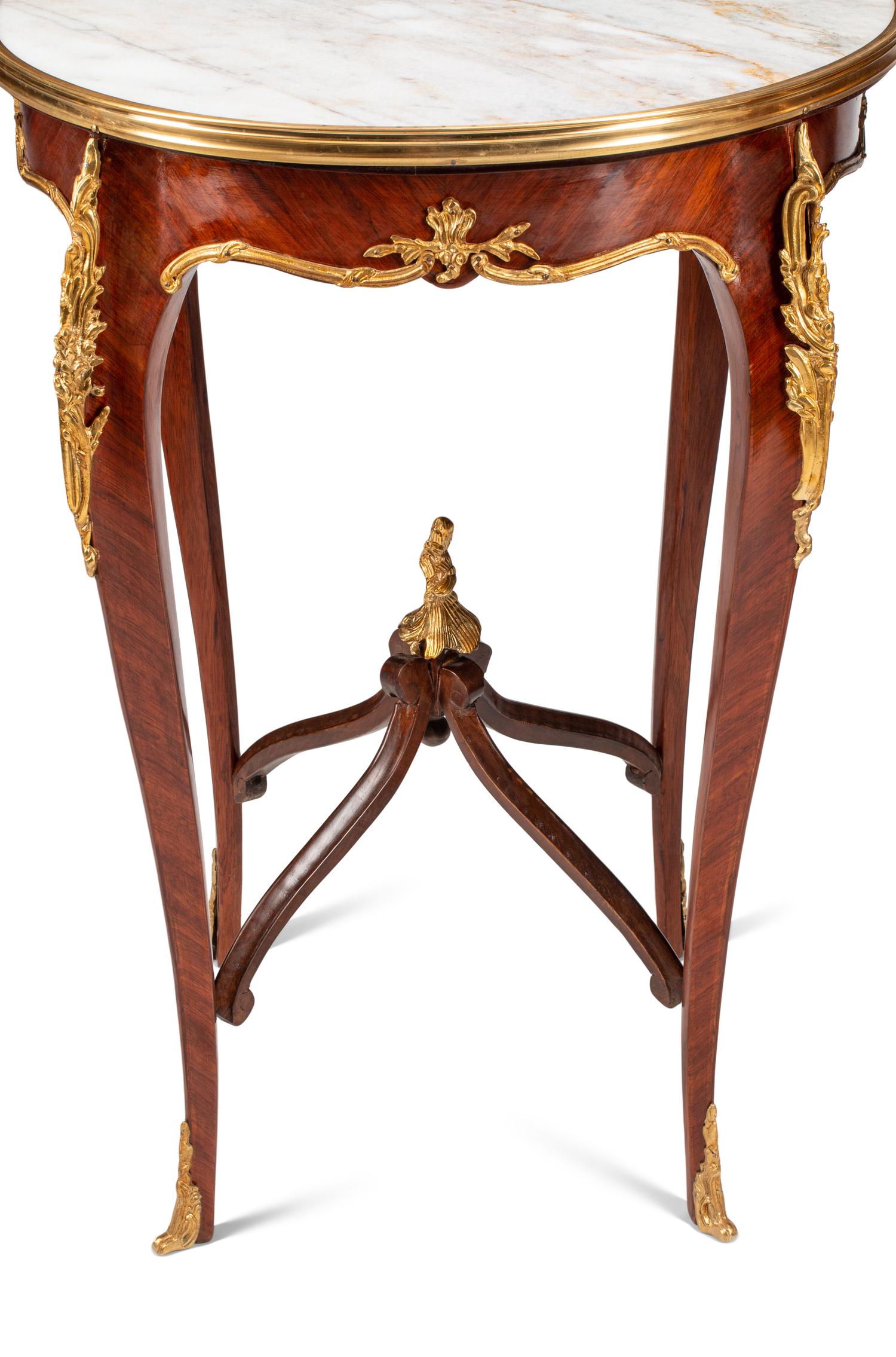 A Pair of Louis XV Style Gilt Bronze Mounted Marble-Top Side Tables
