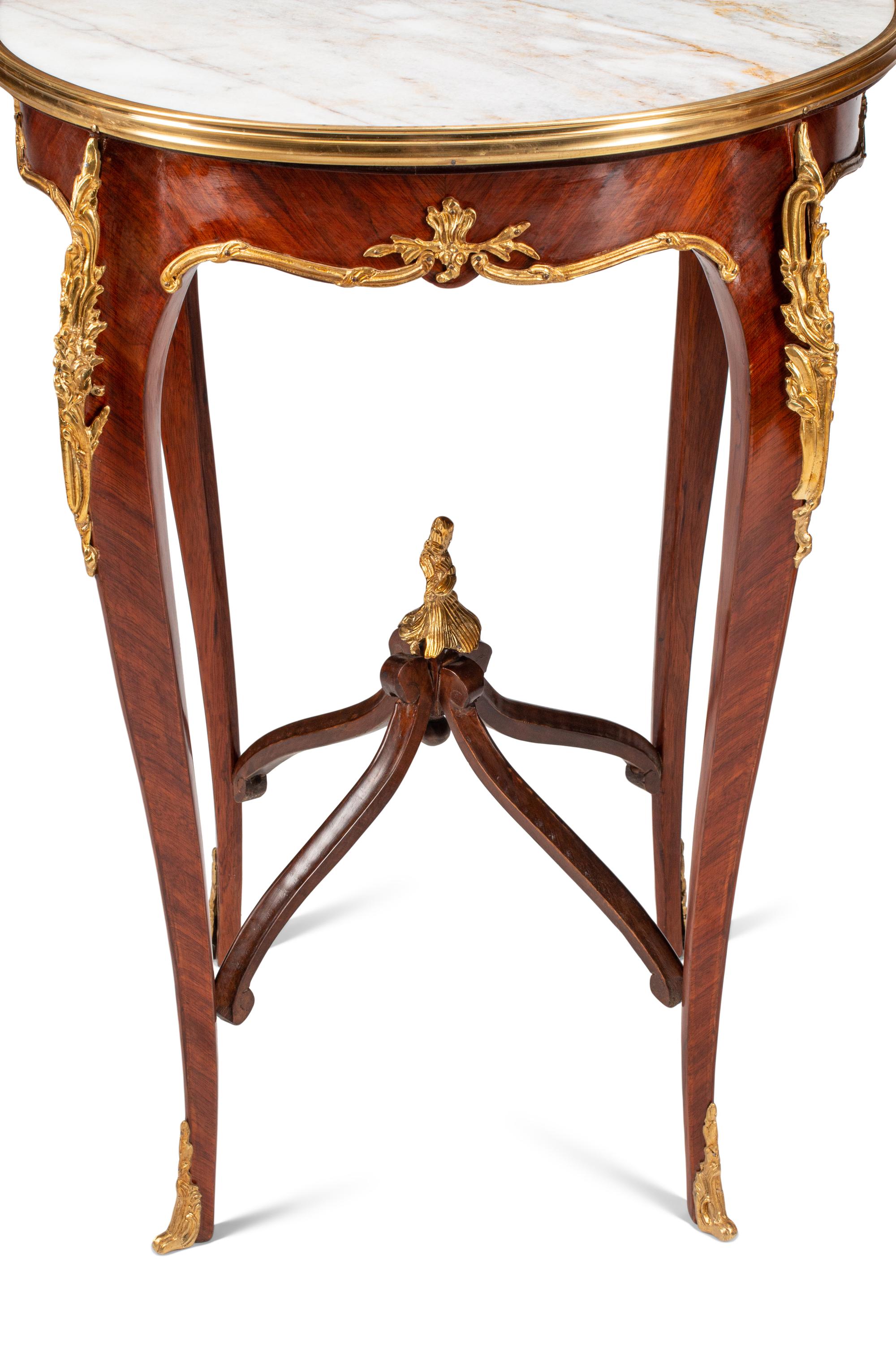 A Pair of Louis XV Style Gilt Bronze Mounted Marble-Top Side Tables