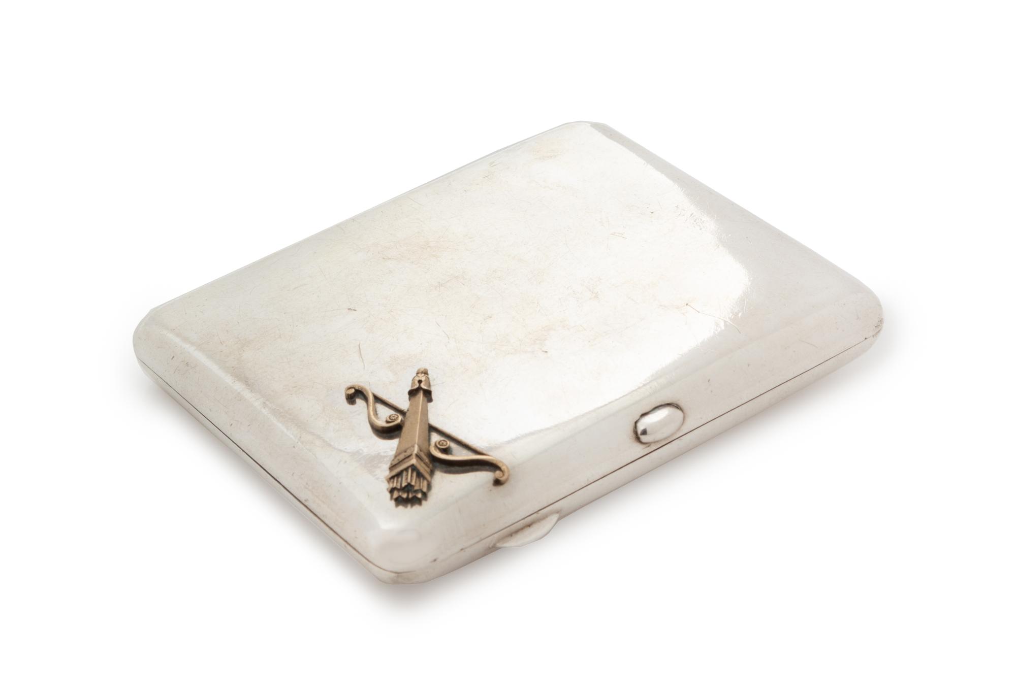 A Russian Silver Cigarette Case, Joint-Stock Company of Moscow Goldsmiths AOAM3, Moscow, Early 20th Century, the lid with a central eng
