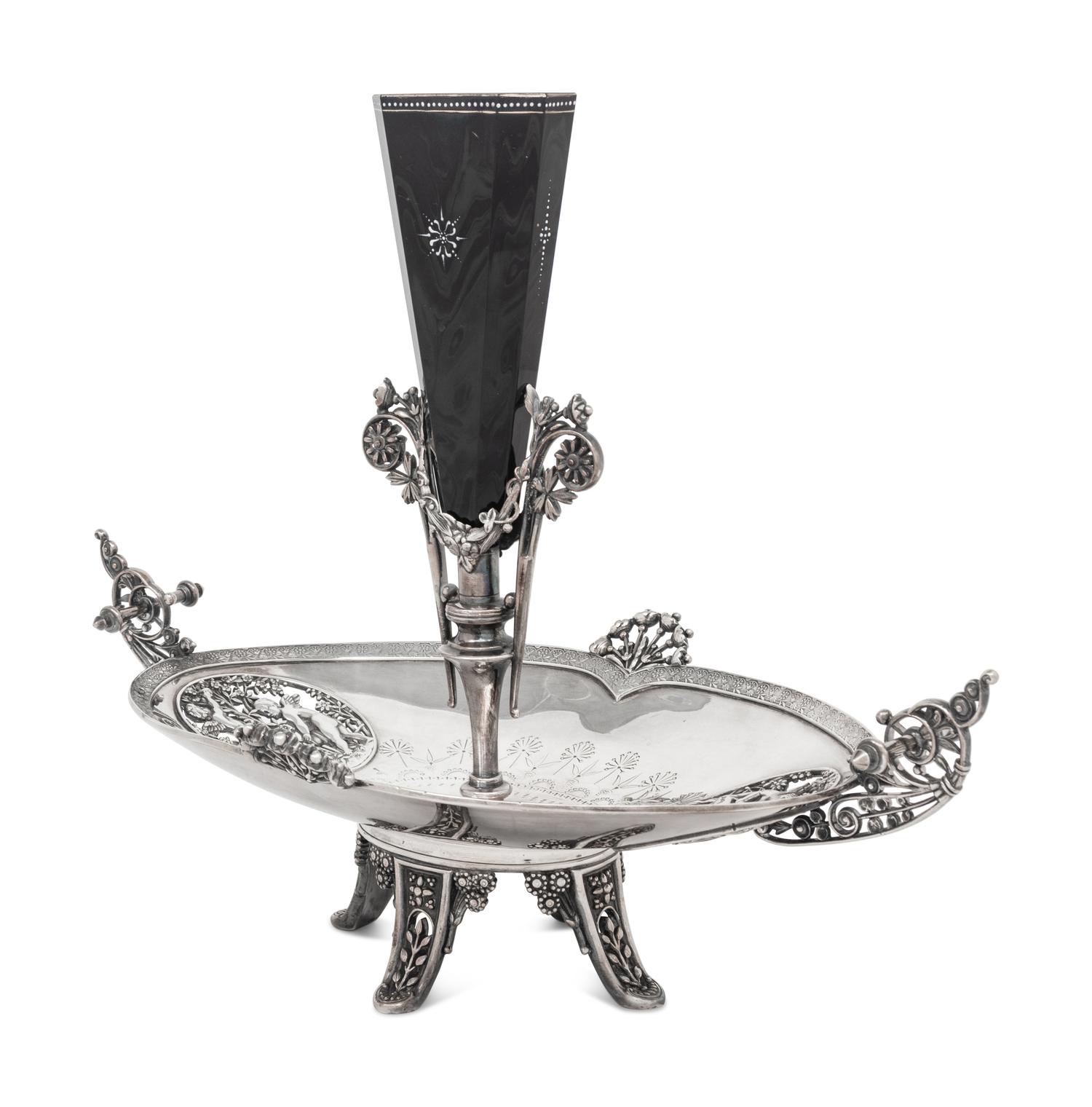 A Victorian Silver-Plate and Enameled Glass Epergne