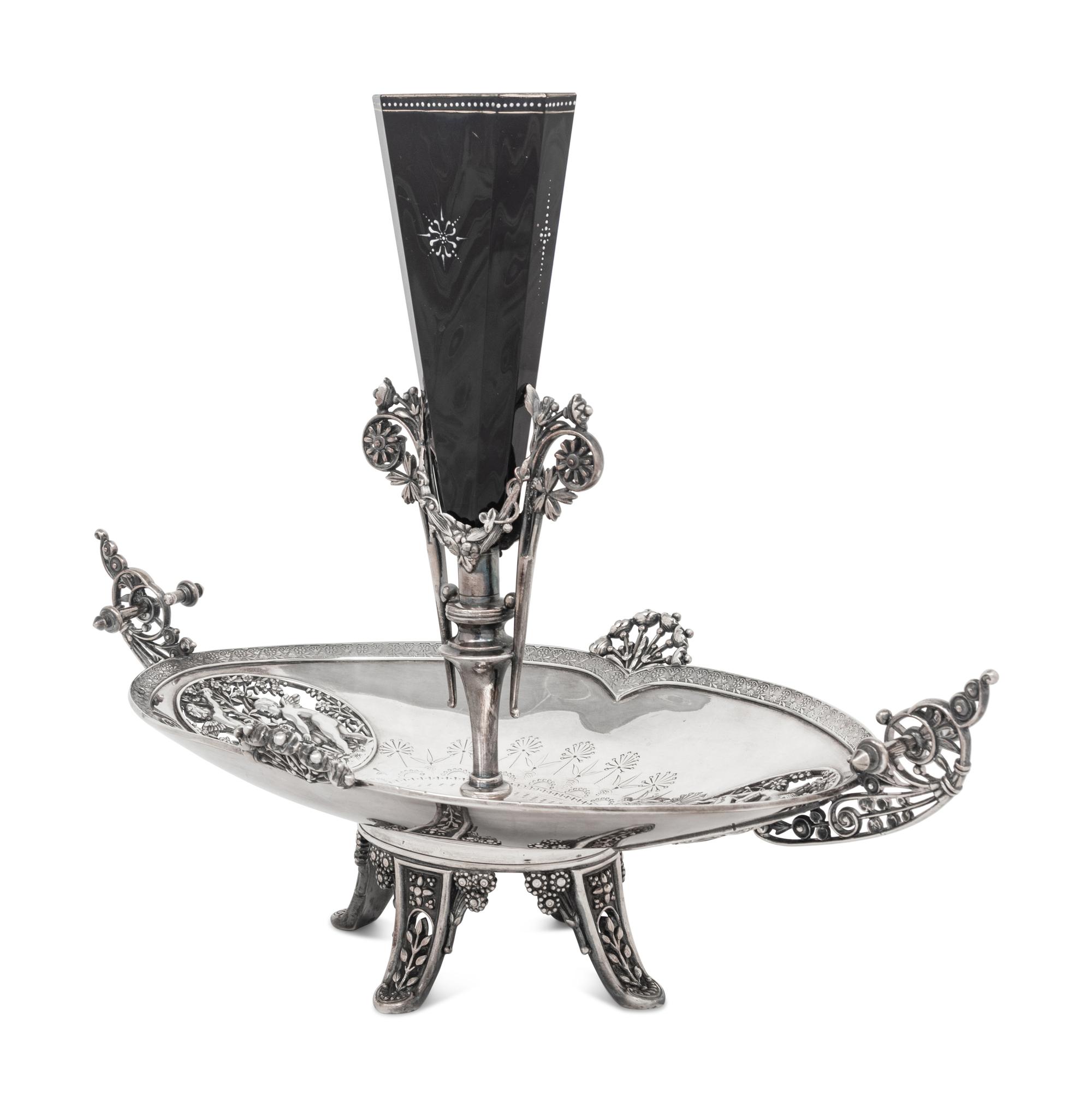 A Victorian Silver-Plate and Enameled Glass Epergne
