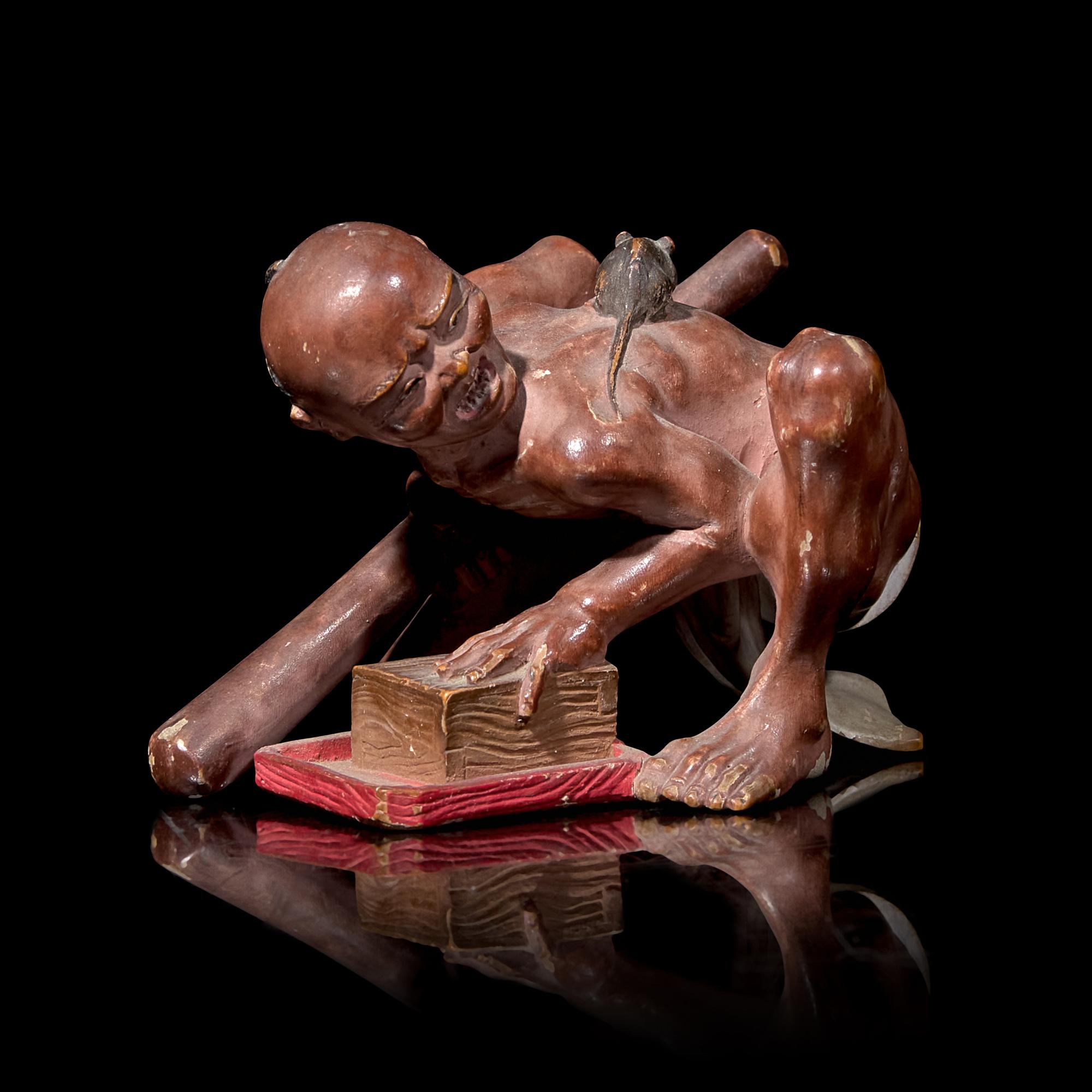 A Small Japanese Carved and Painted Wood 'Ratcatcher' Okimono 日本著物一件