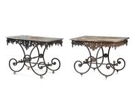 Two Wrought Iron Marble Top Console Tables