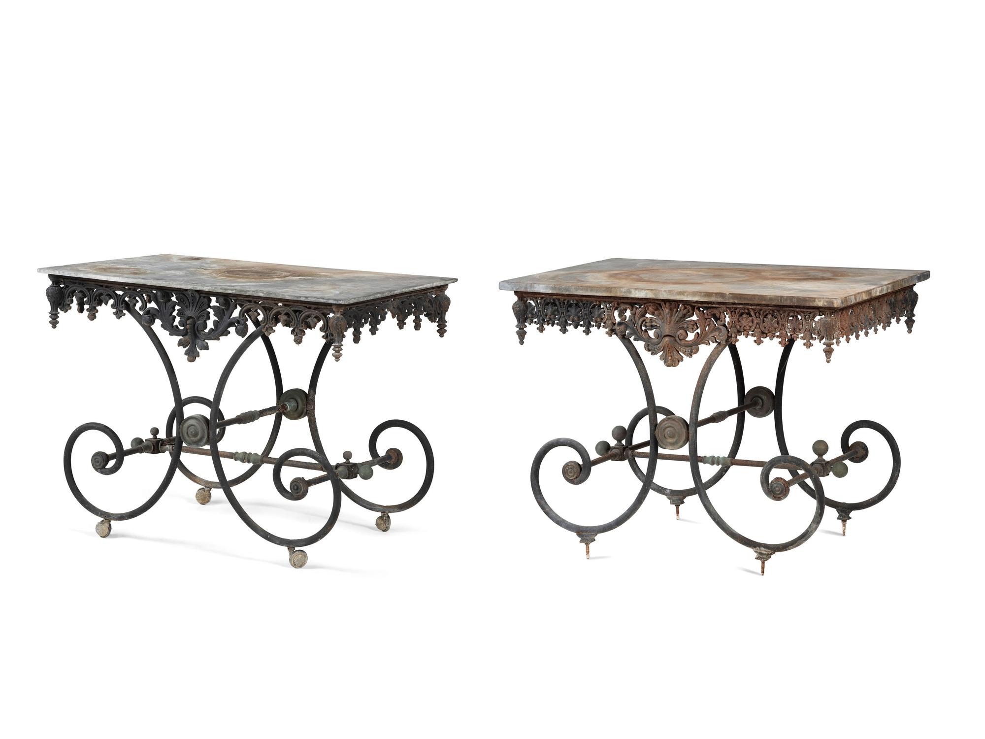 Two Wrought Iron Marble Top Console Tables