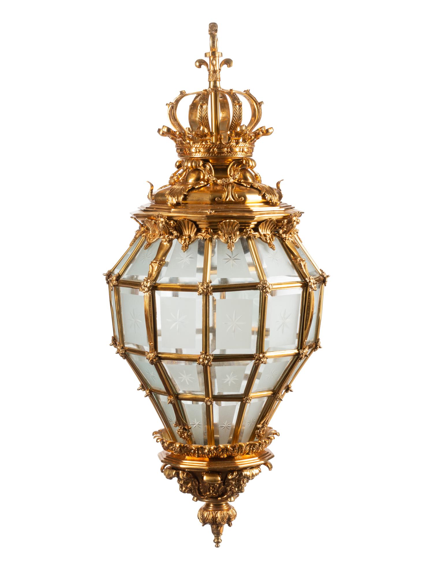 A Pair of Continental Gilt Bronze and Beveled Glass Hall Lanterns
