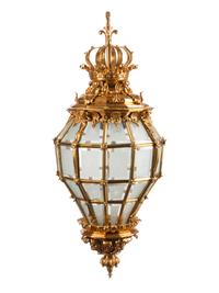 A Pair of Continental Gilt Bronze and Beveled Glass Hall Lanterns