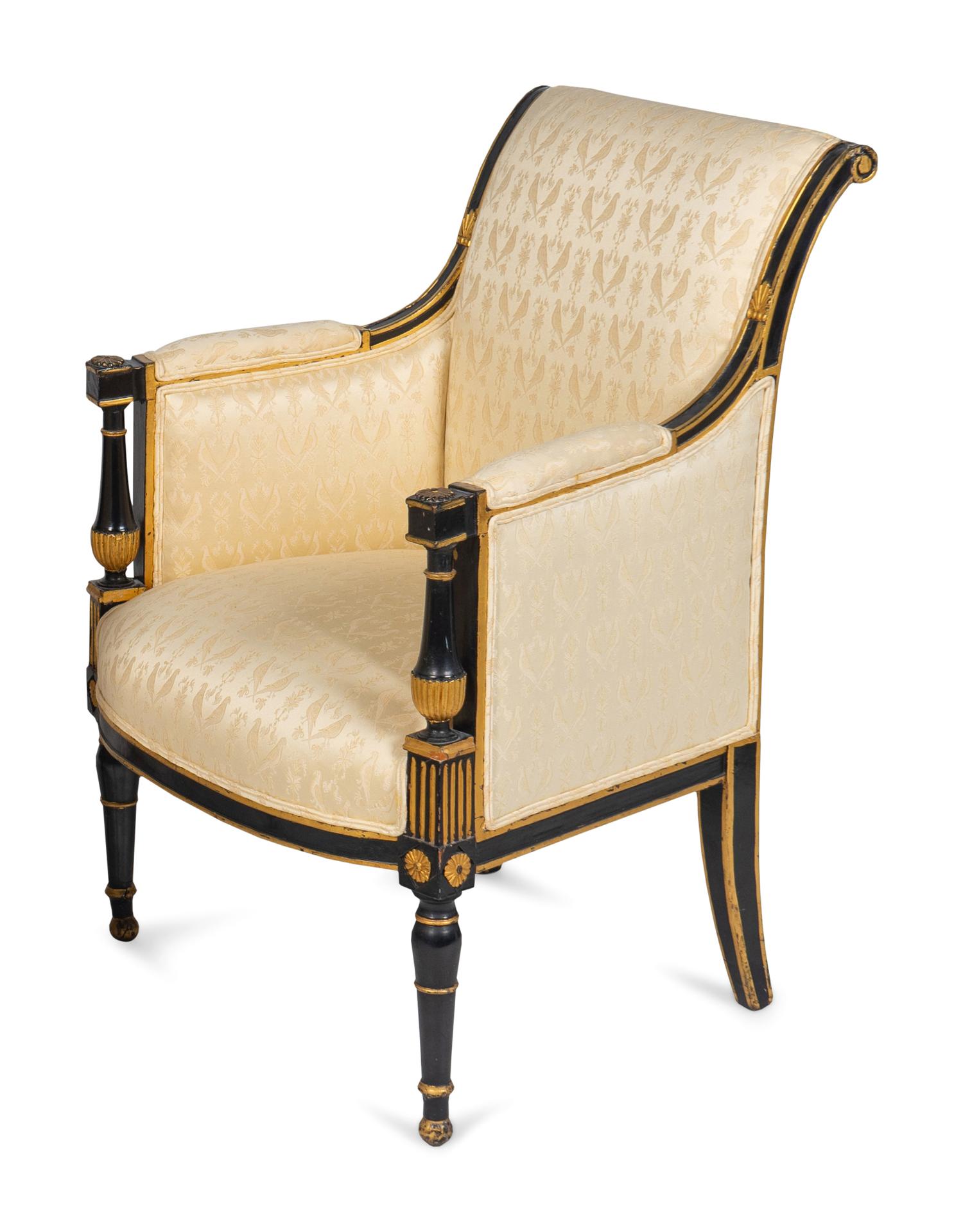 A Pair of Directoire Parcel-Gilt and Painted Bergeres — EARLY 19TH CENTURY