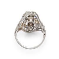 COLORED DIAMOND, DIAMOND, AND SYNTHETIC SAPPHIRE NAVETTE RING