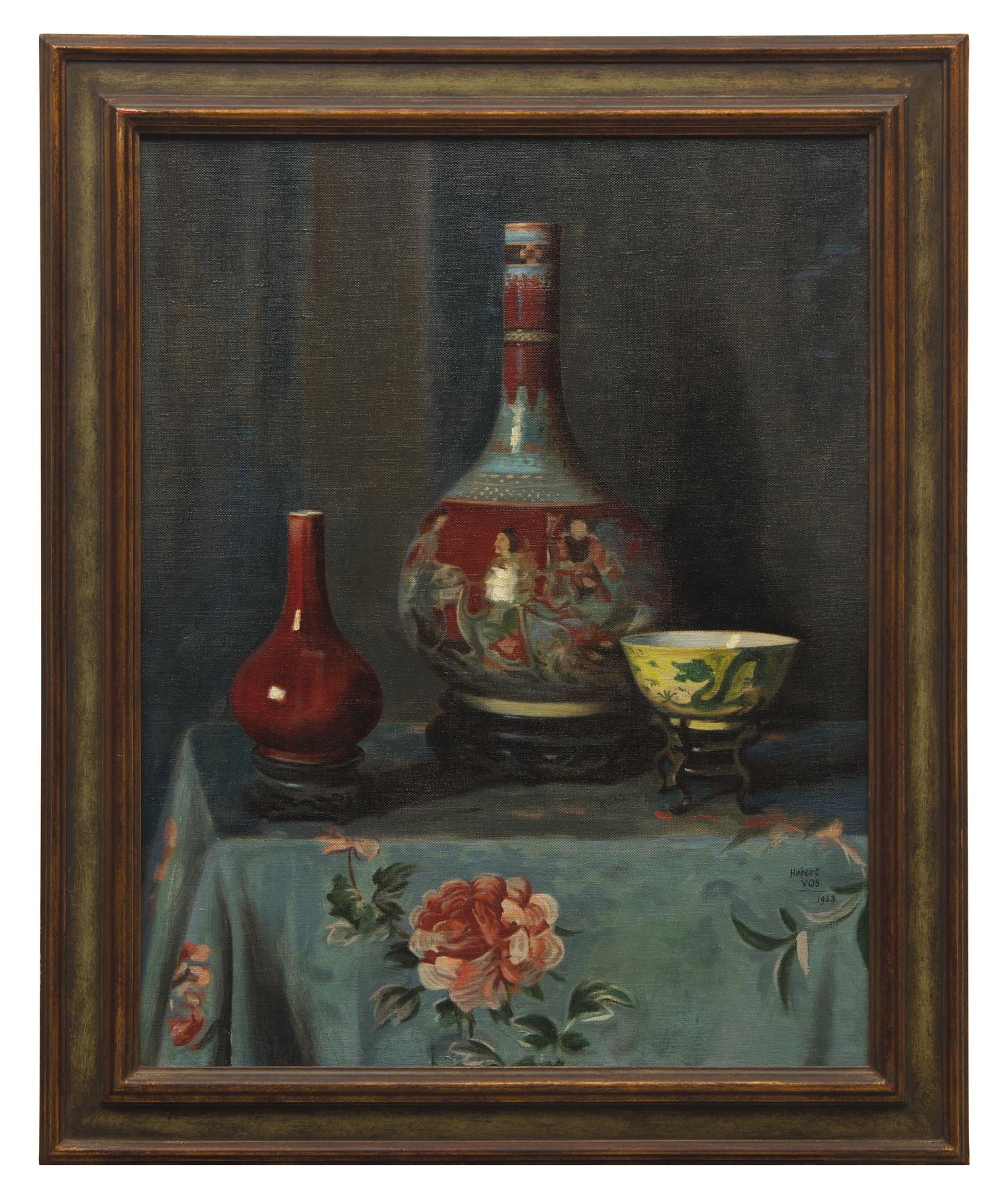 Hubert Vos (American, 1855-1935) — Still Life with Chinese Sang-de-boeuf Vase, Copper Red and Famille Rose Bottle Vase, and Enameled Dragon Bowl , 1933